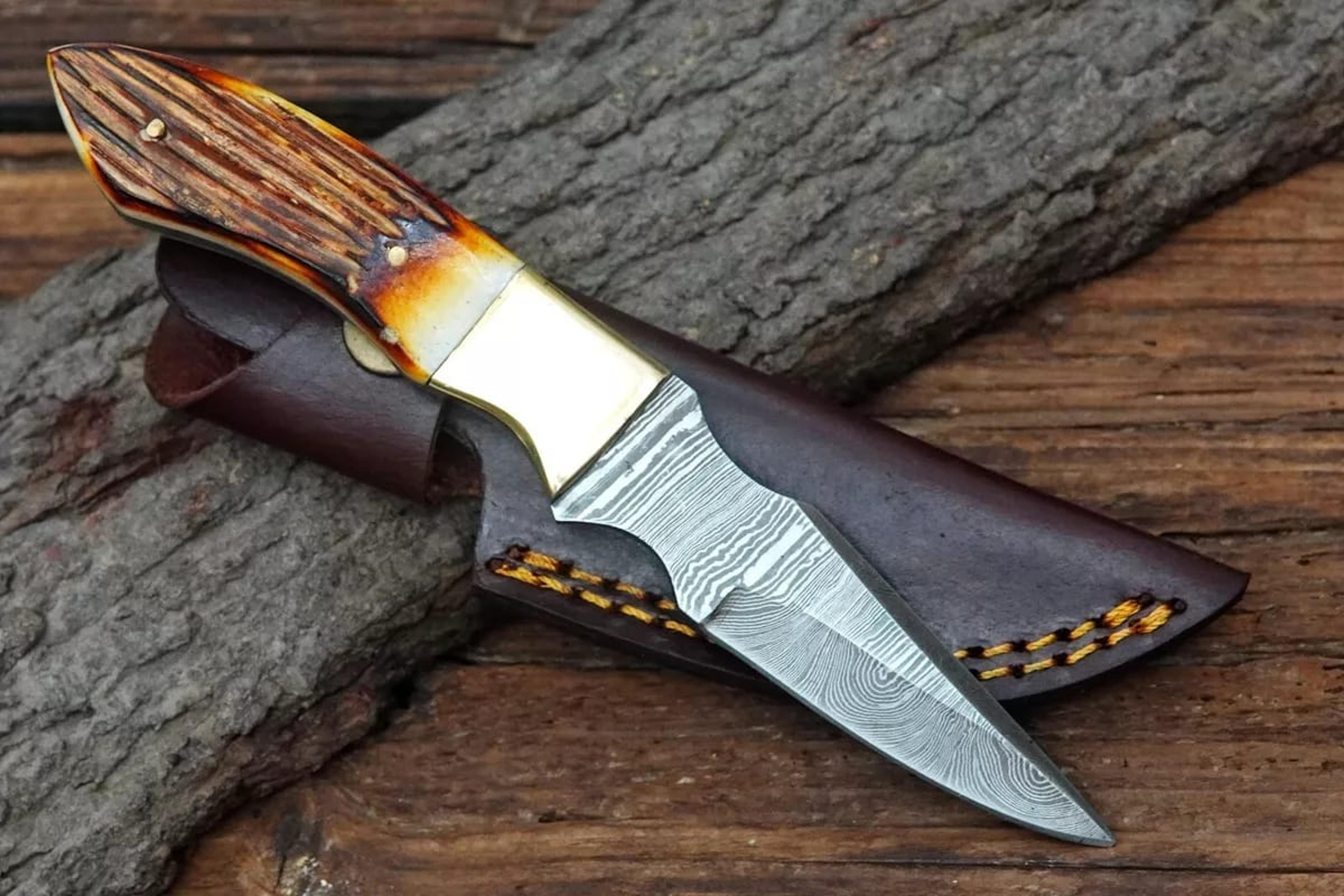 8 inch skinner knife damascus steel gift for him hunting knife gift for husband with leather sheath