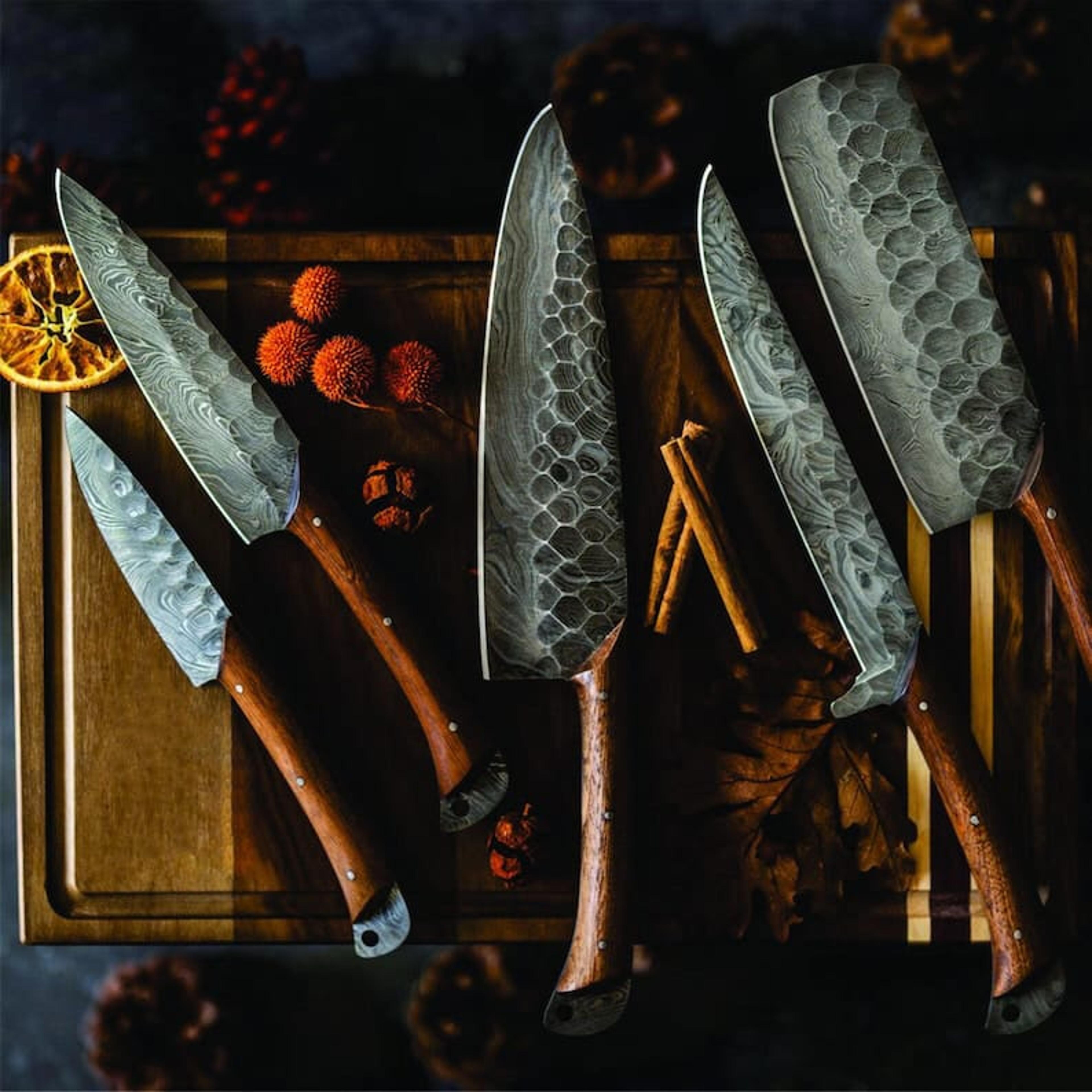 damascus steel chef set, hand forged damascus chef set, damascus chef knife, kitchen knife, handmade damascus steel bbq