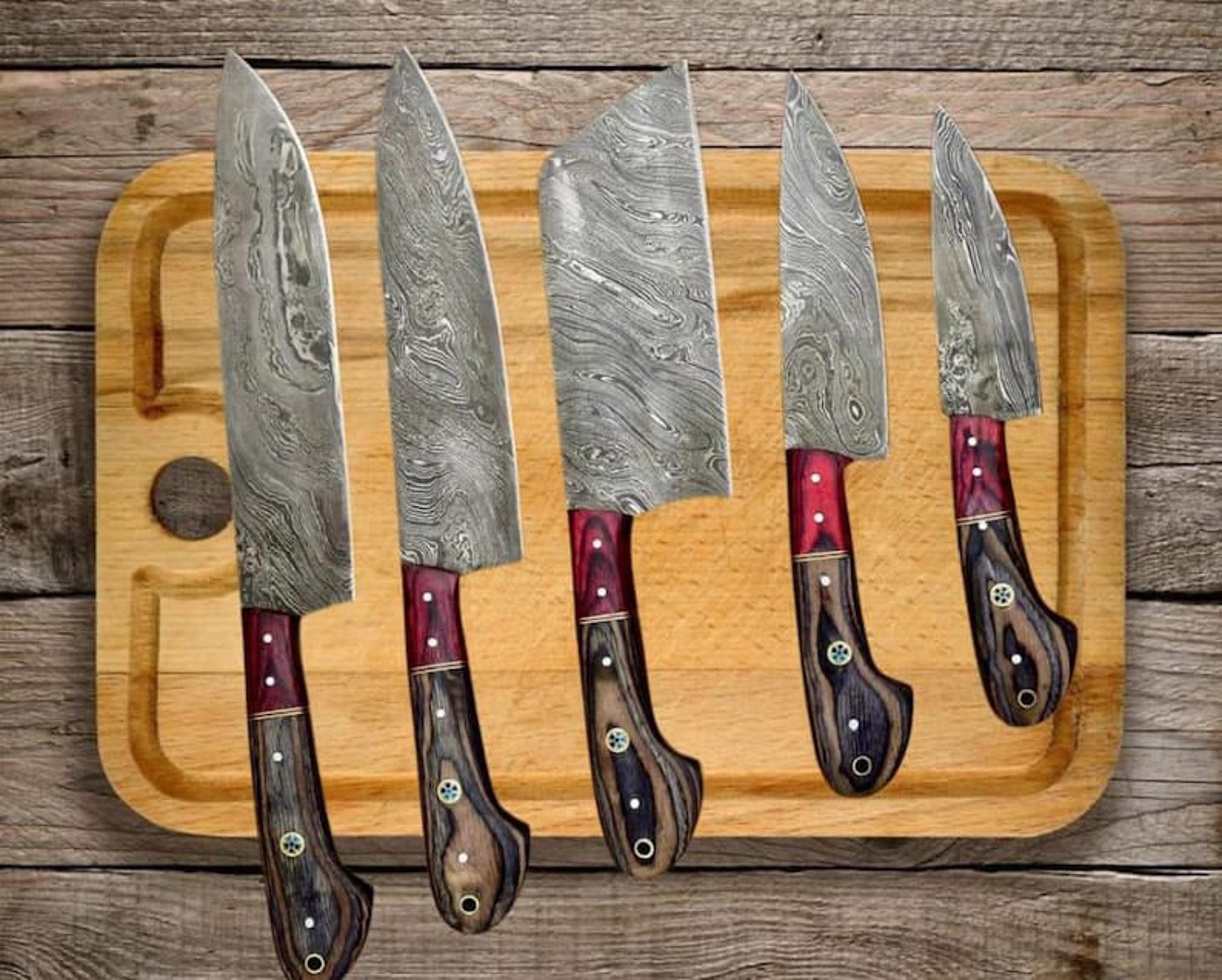 handmade damascus steel chef knife set | walnut handle kitchen knives | razor sharp professional cooking gift set