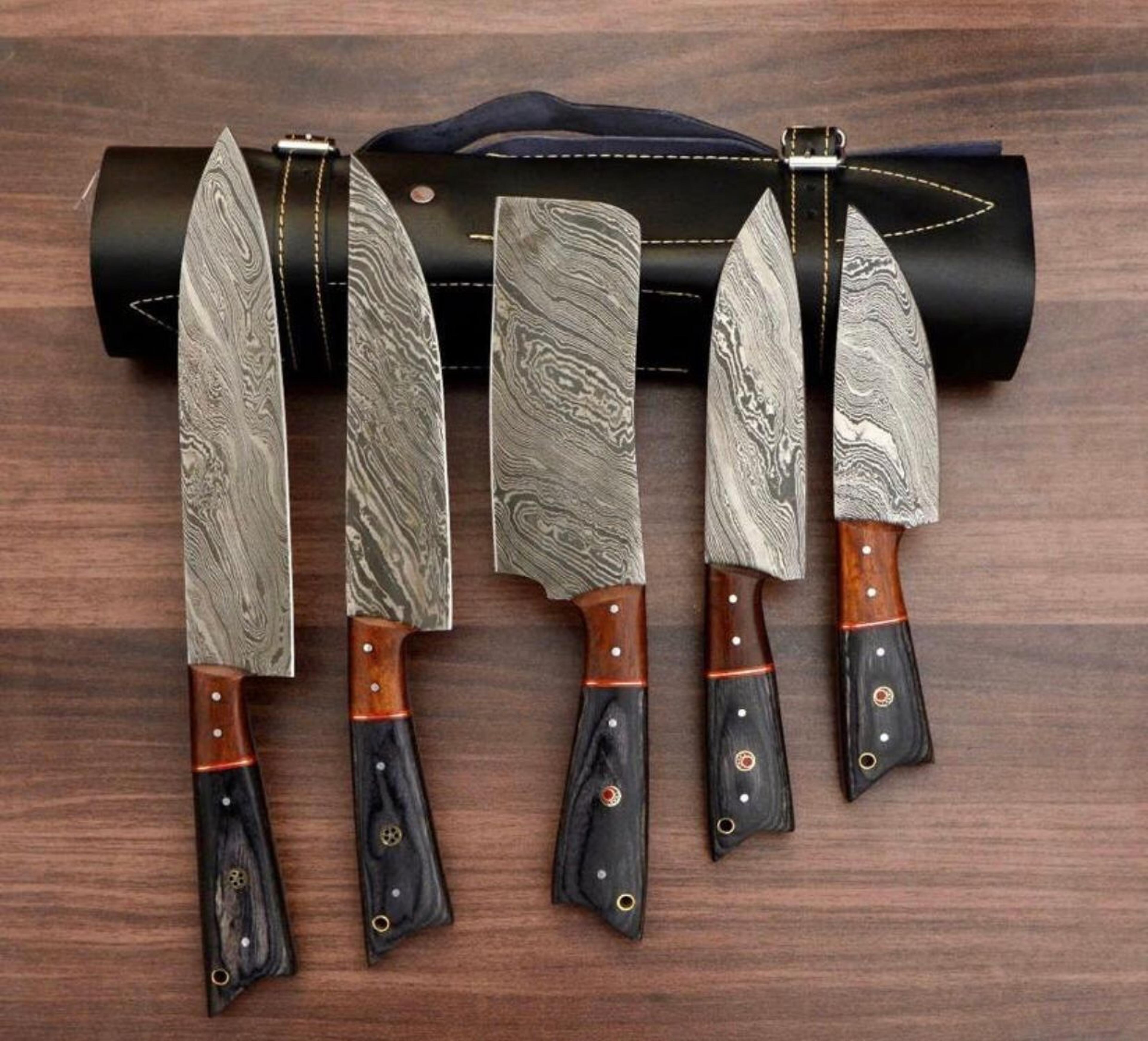 hand-forged damascus steel chef knife set (5 pcs) | personalized kitchen knives w/ leather sheath | premium cooking gift