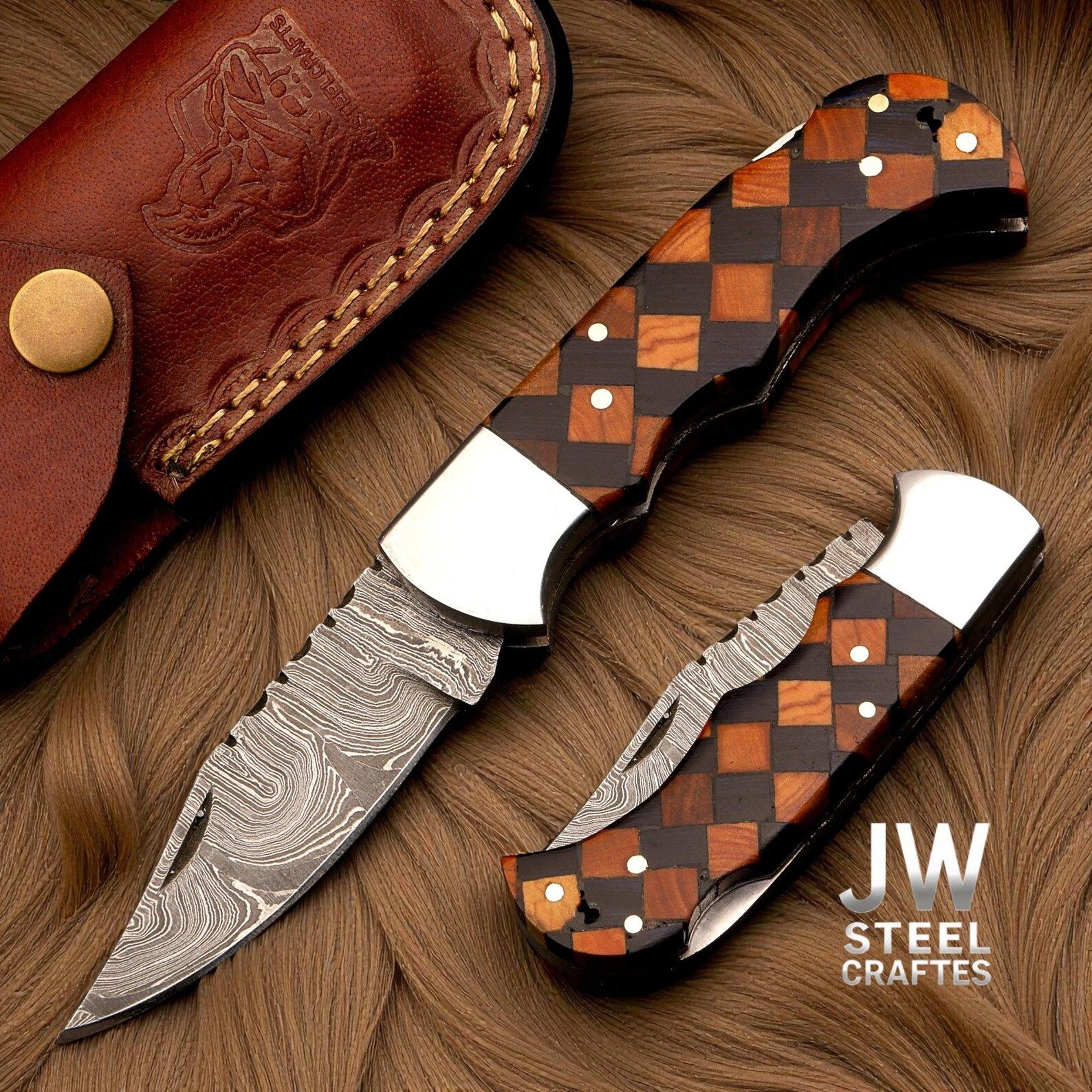 damascus folding pocket knife with mosaic wood handle – premium edc hunting knife for outdoor & collectors