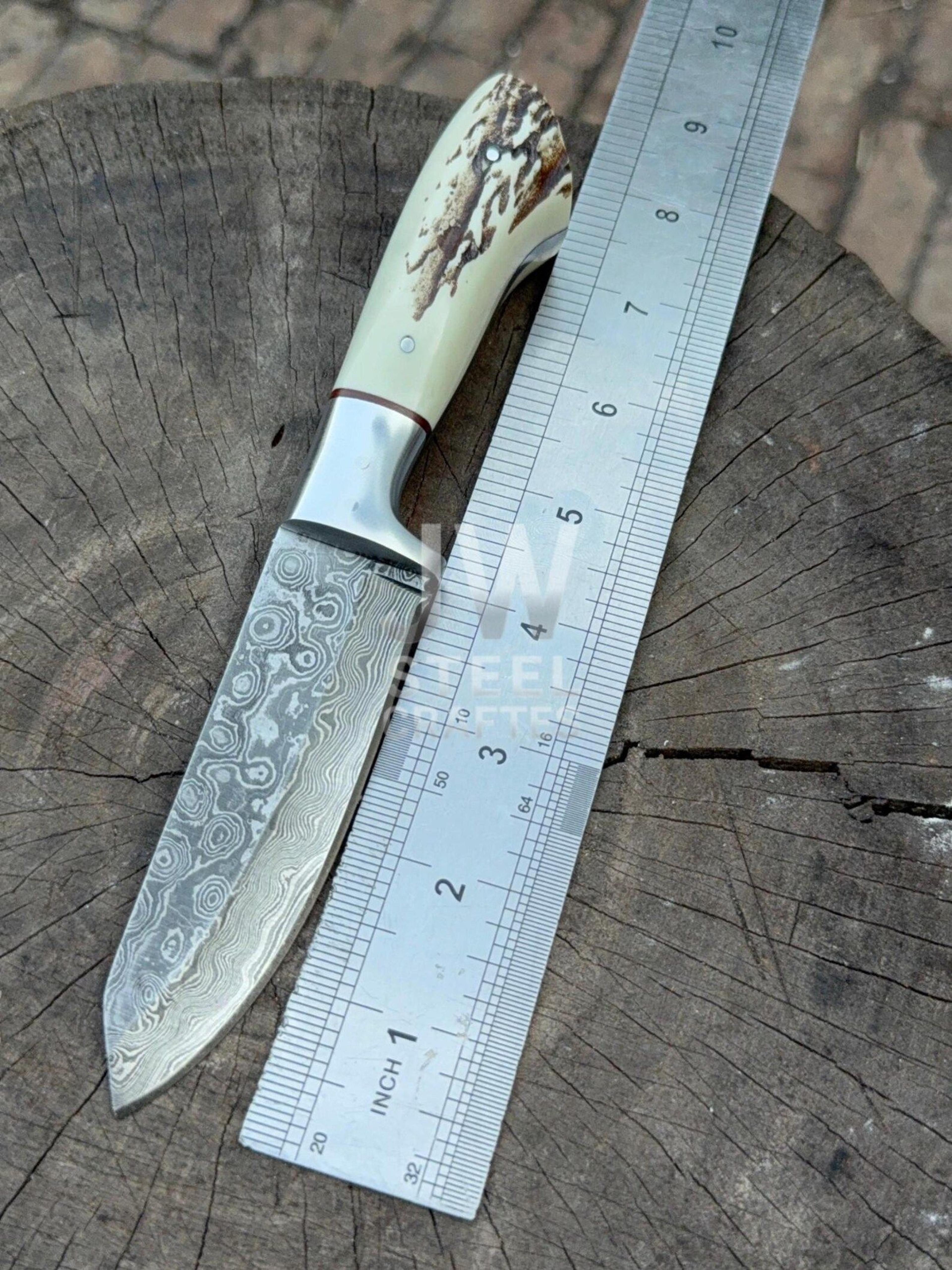 Handmade Damascus Steel Skinner Knife With Exotic Antler  Hardwood Handle Unique Leather Sheat 4