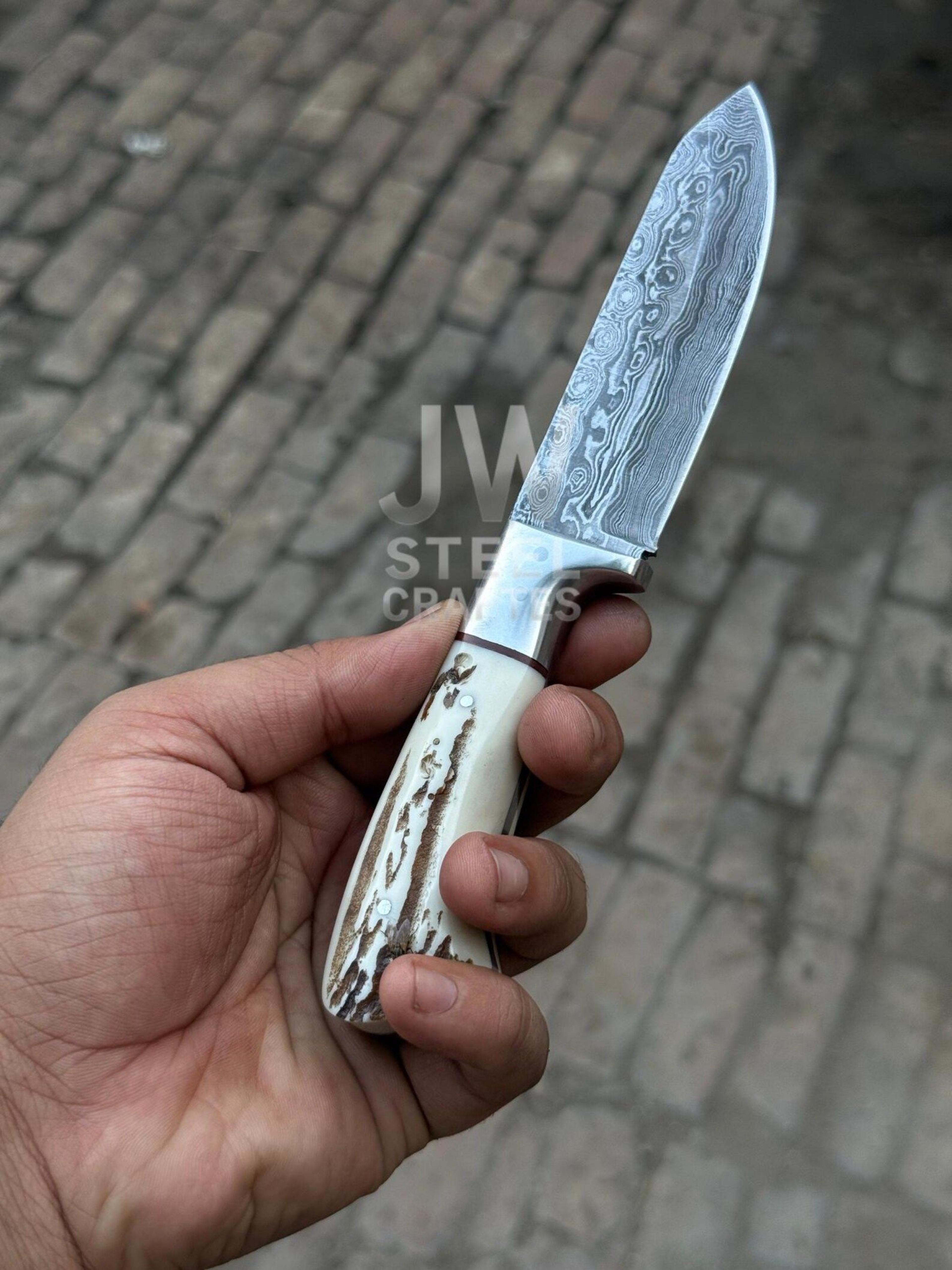 Handmade Damascus Steel Skinner Knife With Exotic Antler  Hardwood Handle Unique Leather Sheat 6