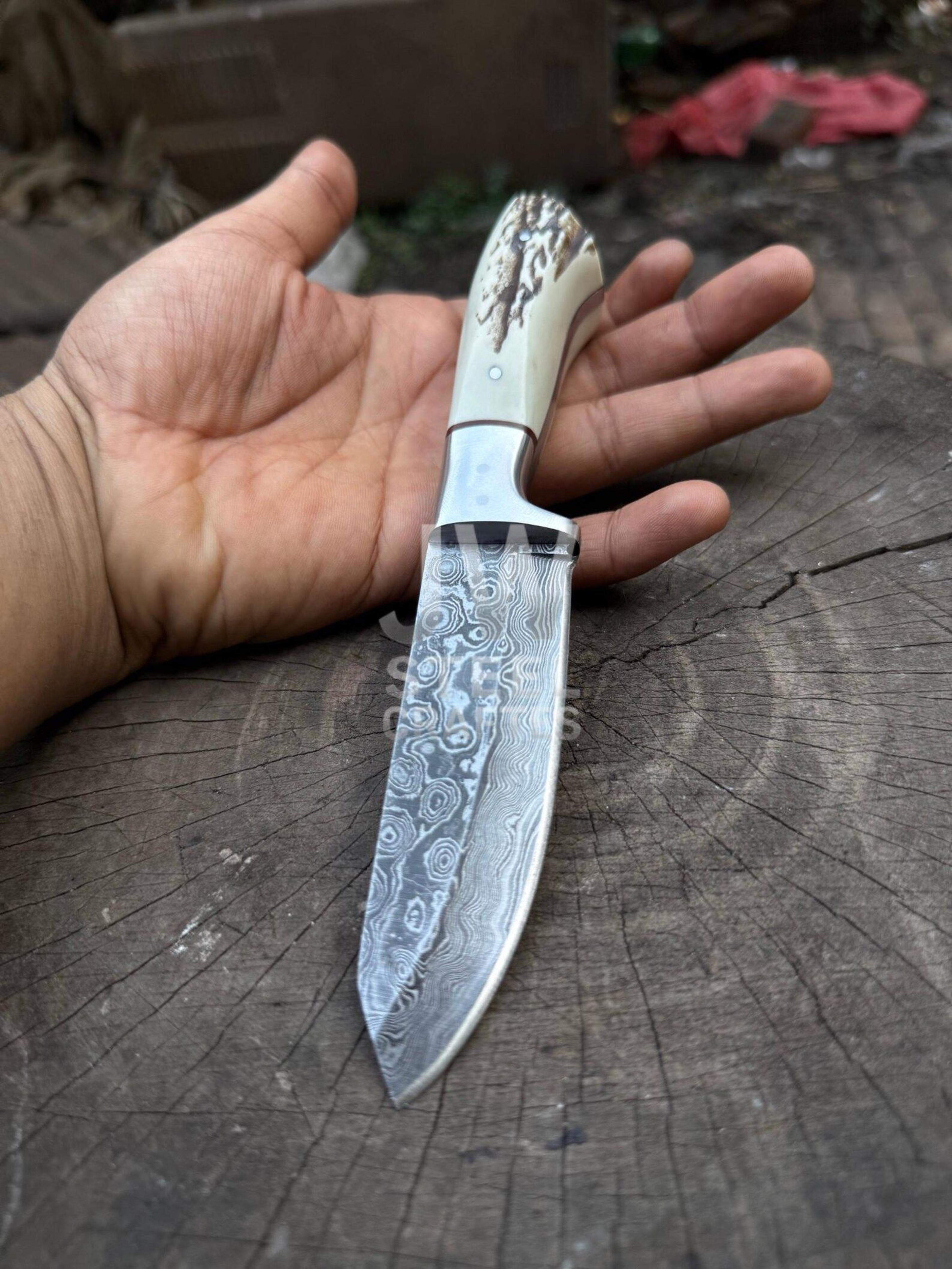 Handmade Damascus Steel Skinner Knife With Exotic Antler  Hardwood Handle Unique Leather Sheat 8