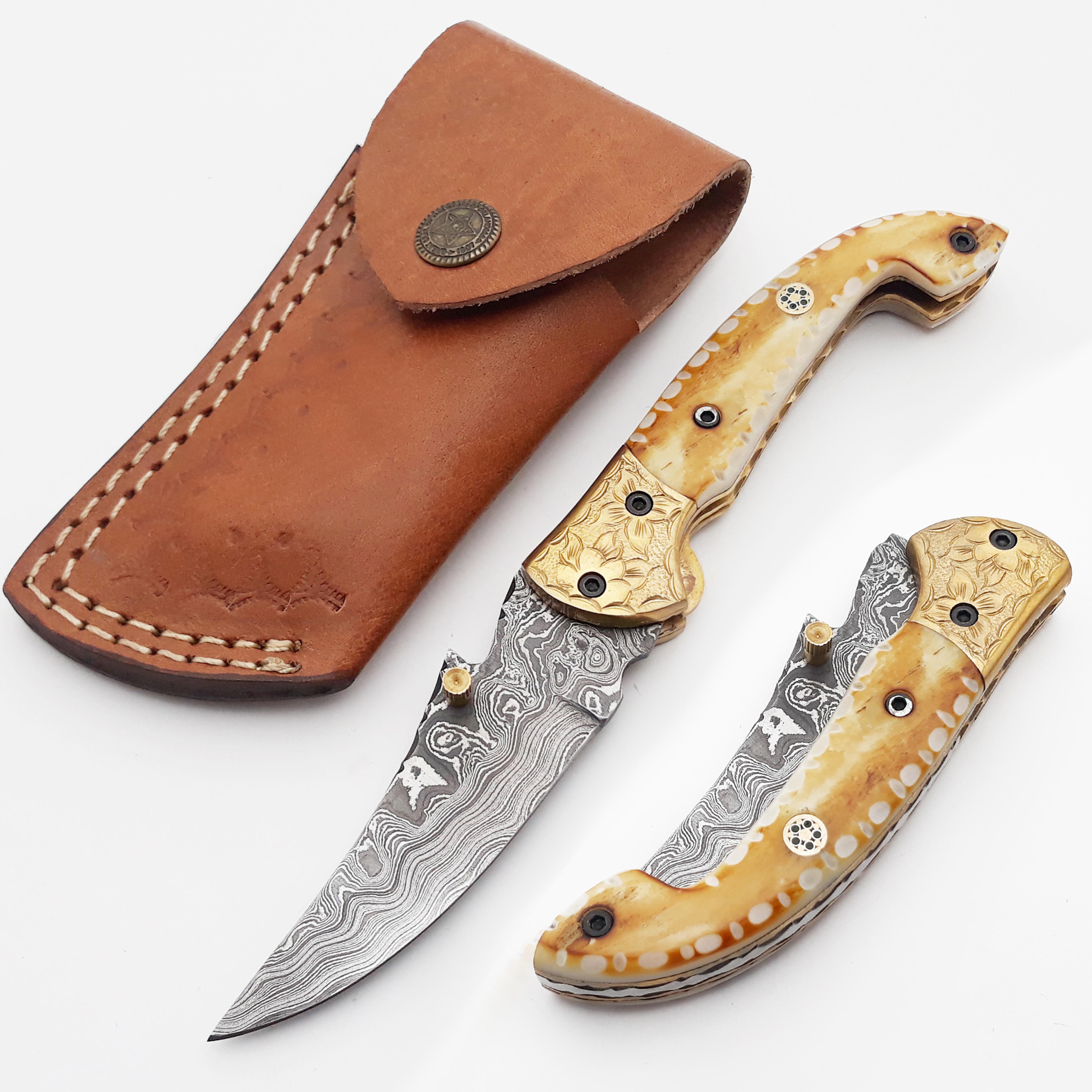 handmade damascus folding knife| pocket knife with leather sheath- bushcraft knife for hunting, outdoor, camping