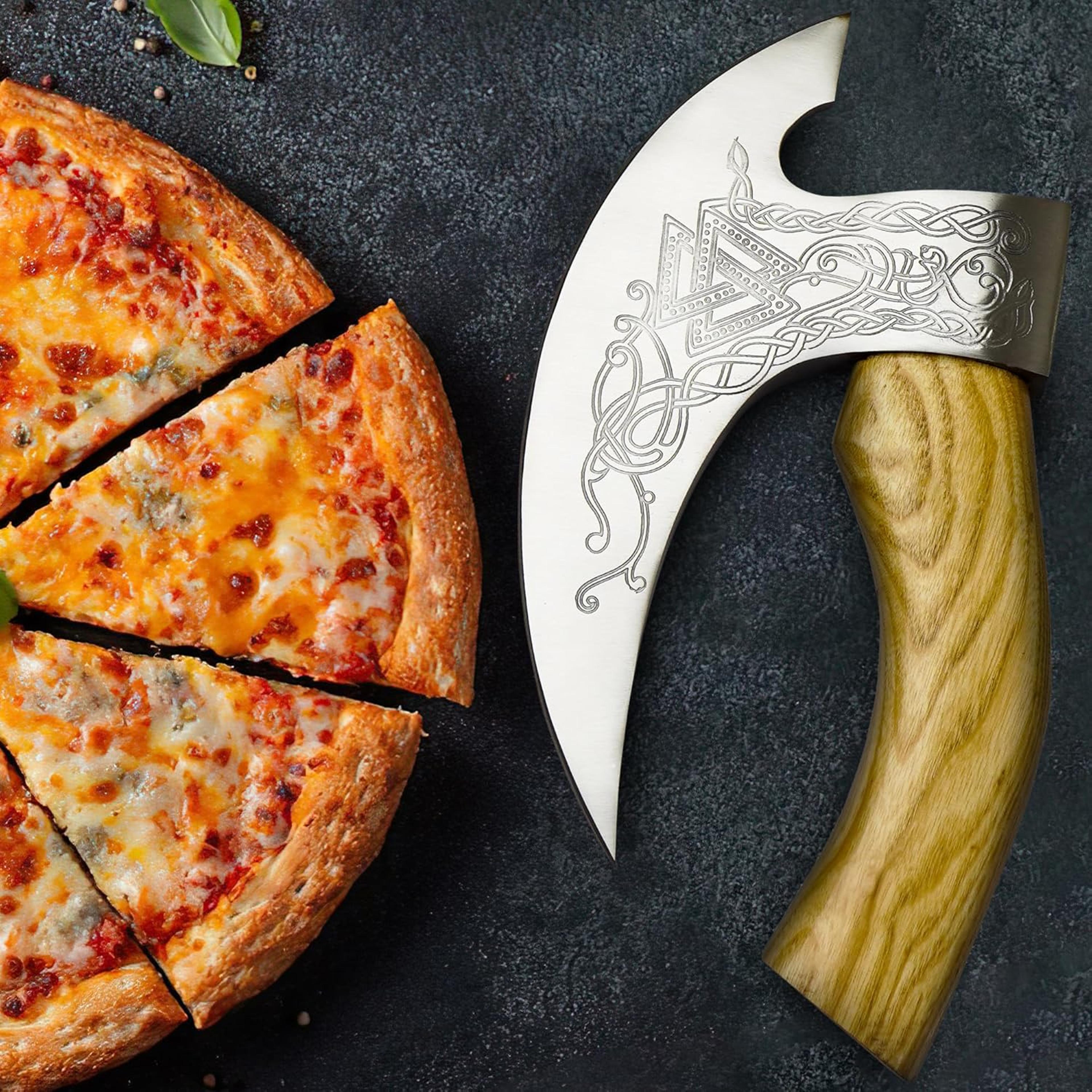 unique handmade viking pizza cutter with wooden handle - ultra-sharp steel axe blade & leather sheath for pizza