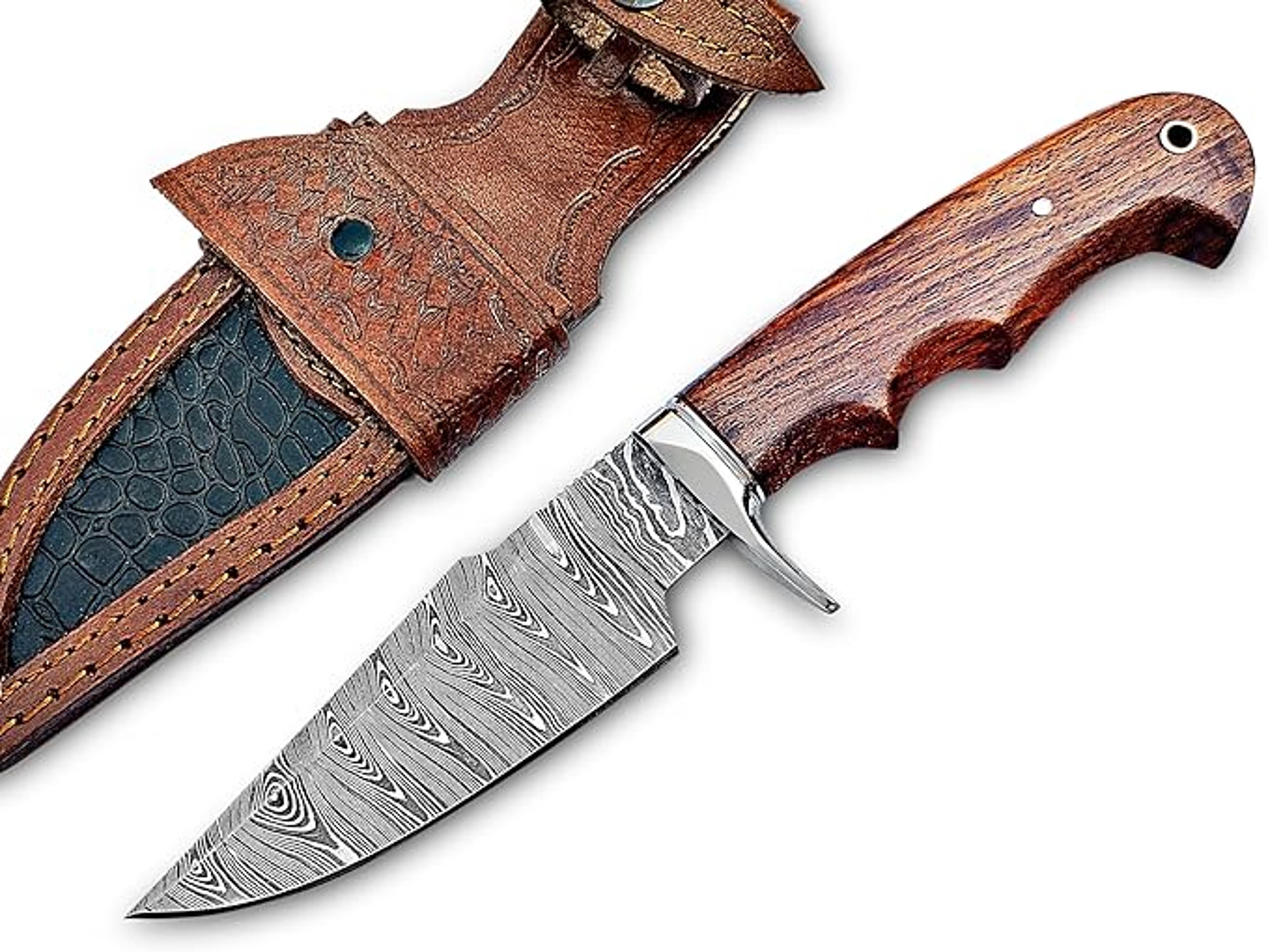 handmade 10 damascus hunting knife - bushcraft fixed blade hunting knife with sheath and rose wood handle edc skinning