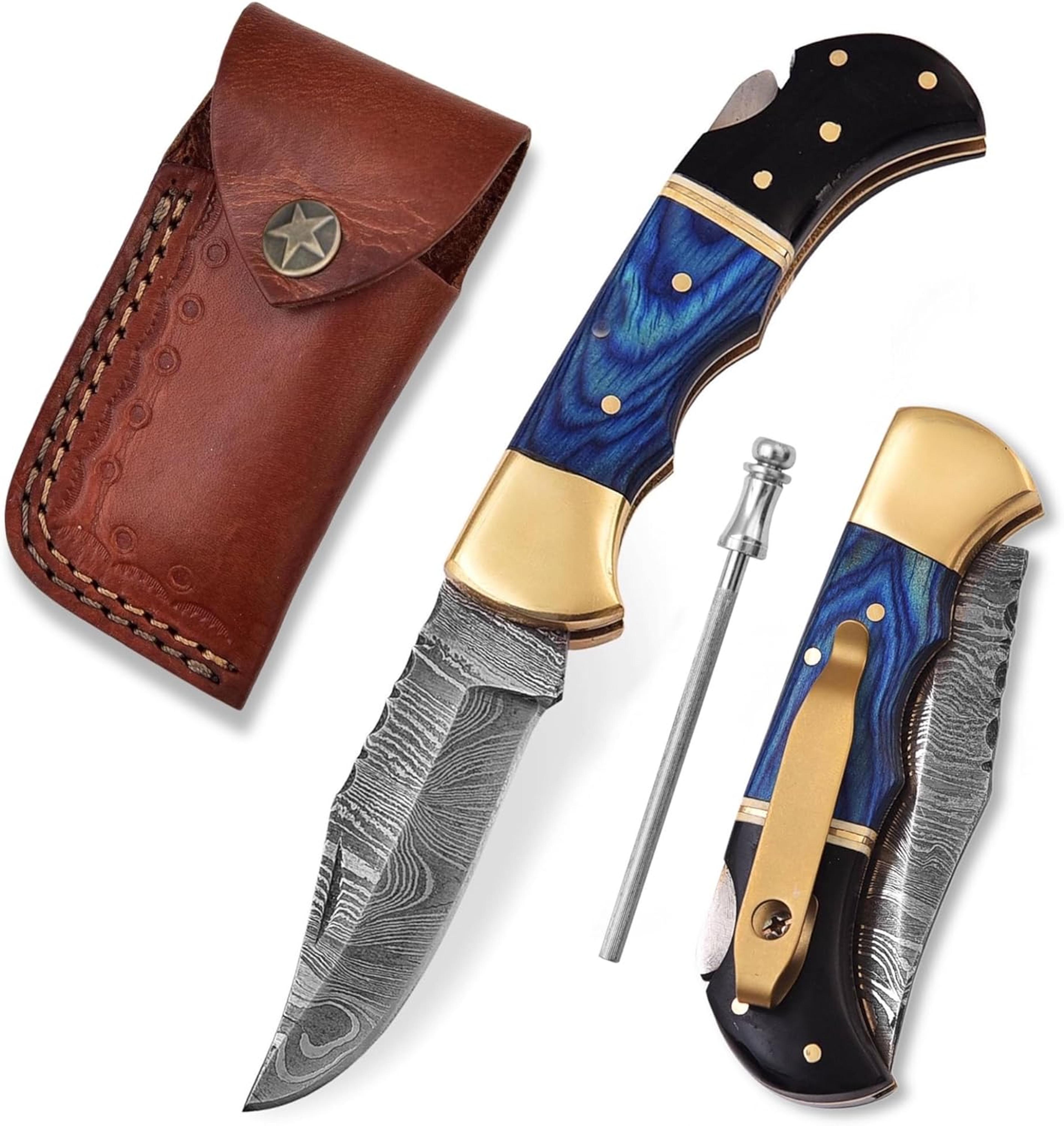 damascus pocket knife with clip - 6.5" handmade folding knife with sheath - pocket knife men - damascus knife best gift