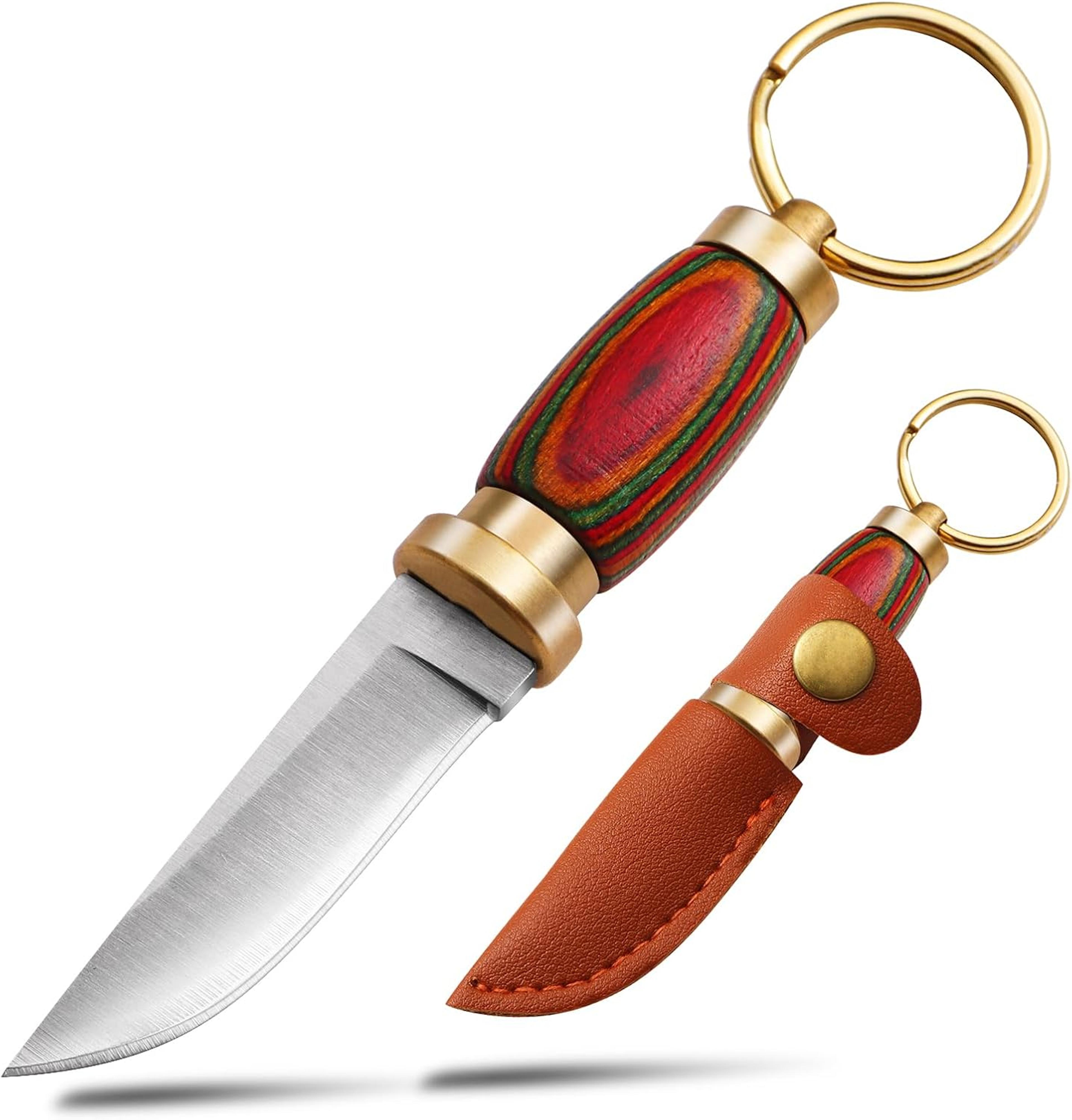 mini keychain knife, 3.35 inch stainless steel fixed blade knife with leather sheath, wood handle edc knife for men