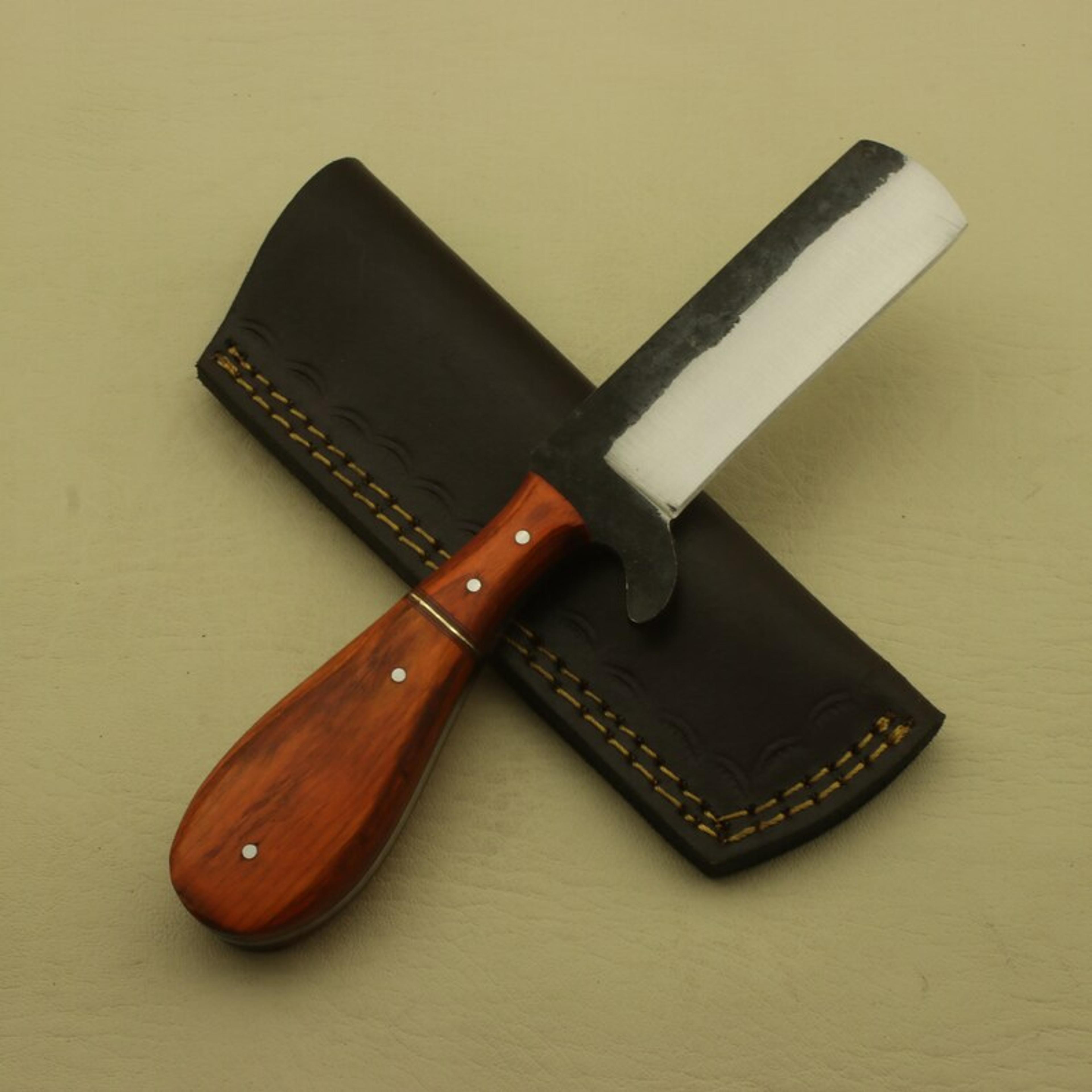 Custom Handmade Carbon Steel Full Tang Rose Wood Bull Cutter Knife With Leather Sheath Personalized 2