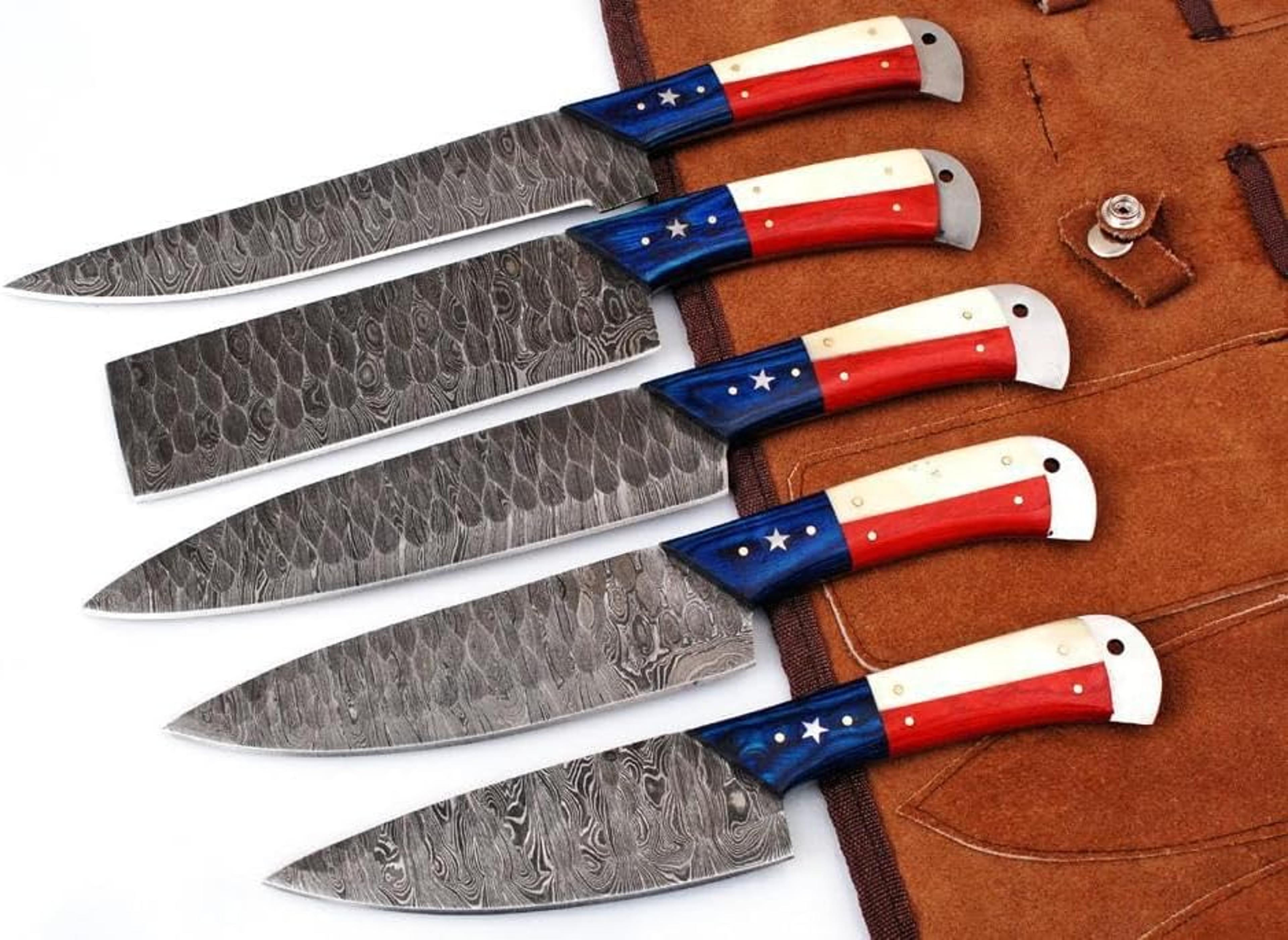 chef knife set, kitchen knife set, american flag handle style knife set, handmade damascus steel chef kitchen knife set