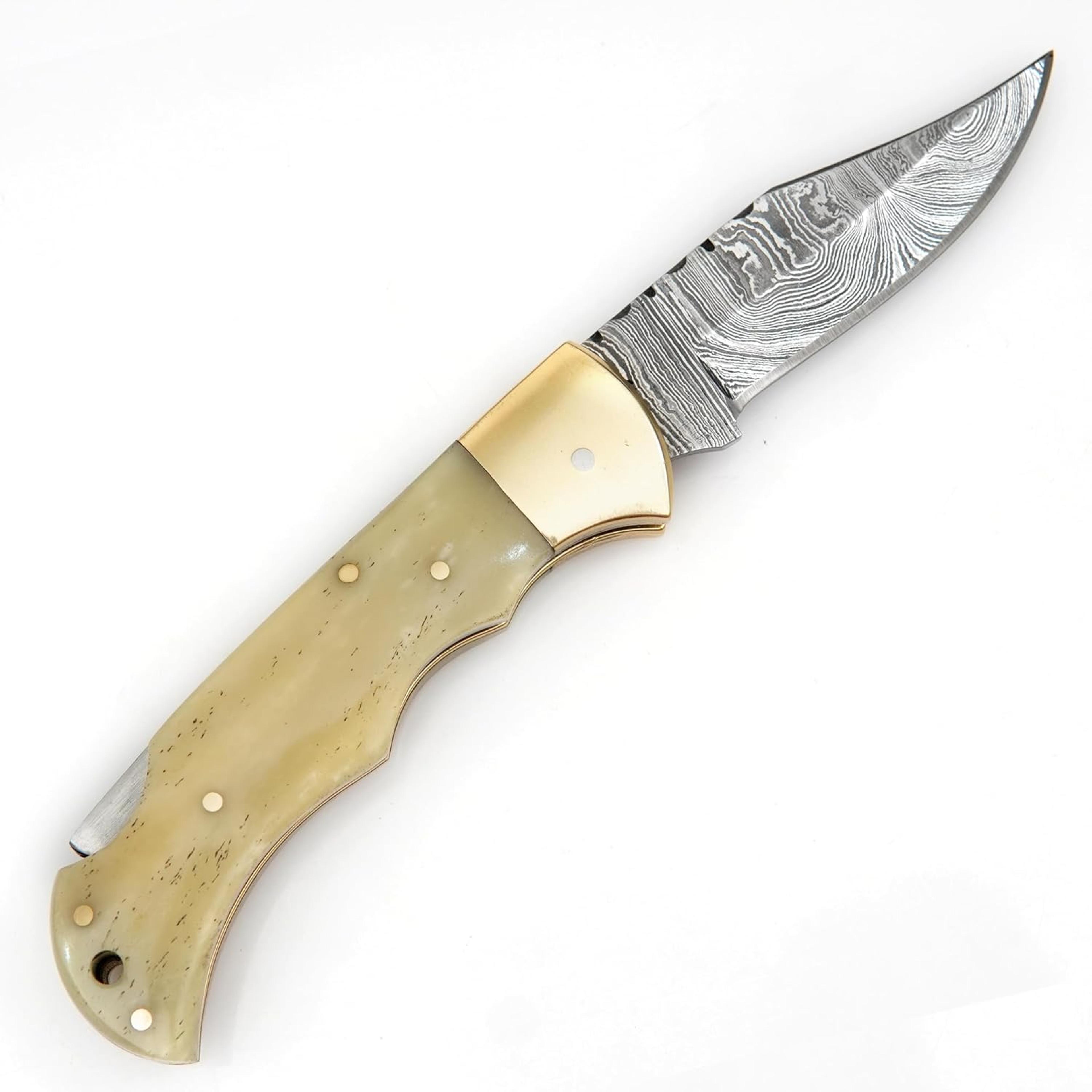 damascus folding knife | pocket knife | camping hunting survival | unique gift | ivory with brass bolster with sheath