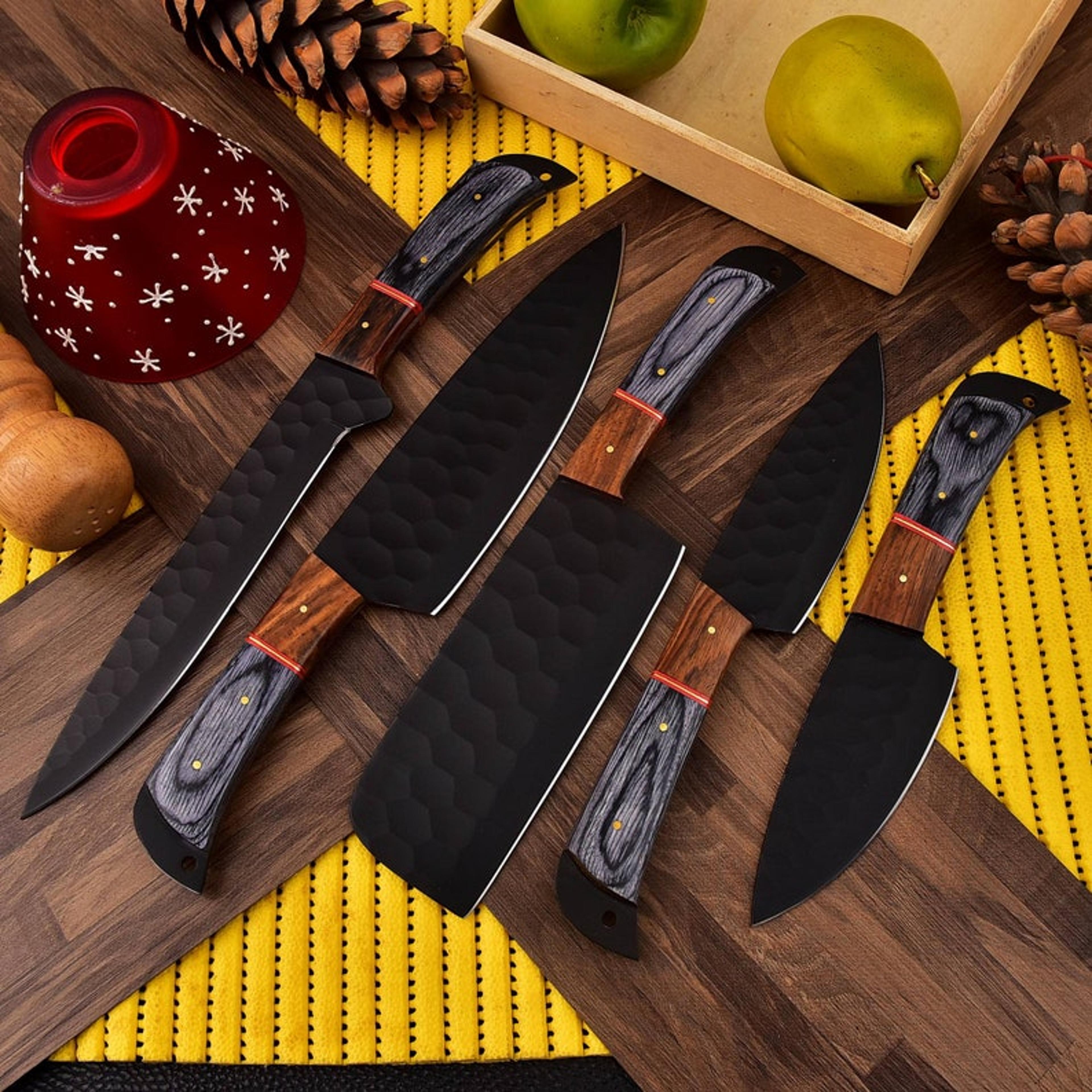 hand forged steel chef knife set of 5 knives kitchen knives set gift for her him, camping knife, gift for father