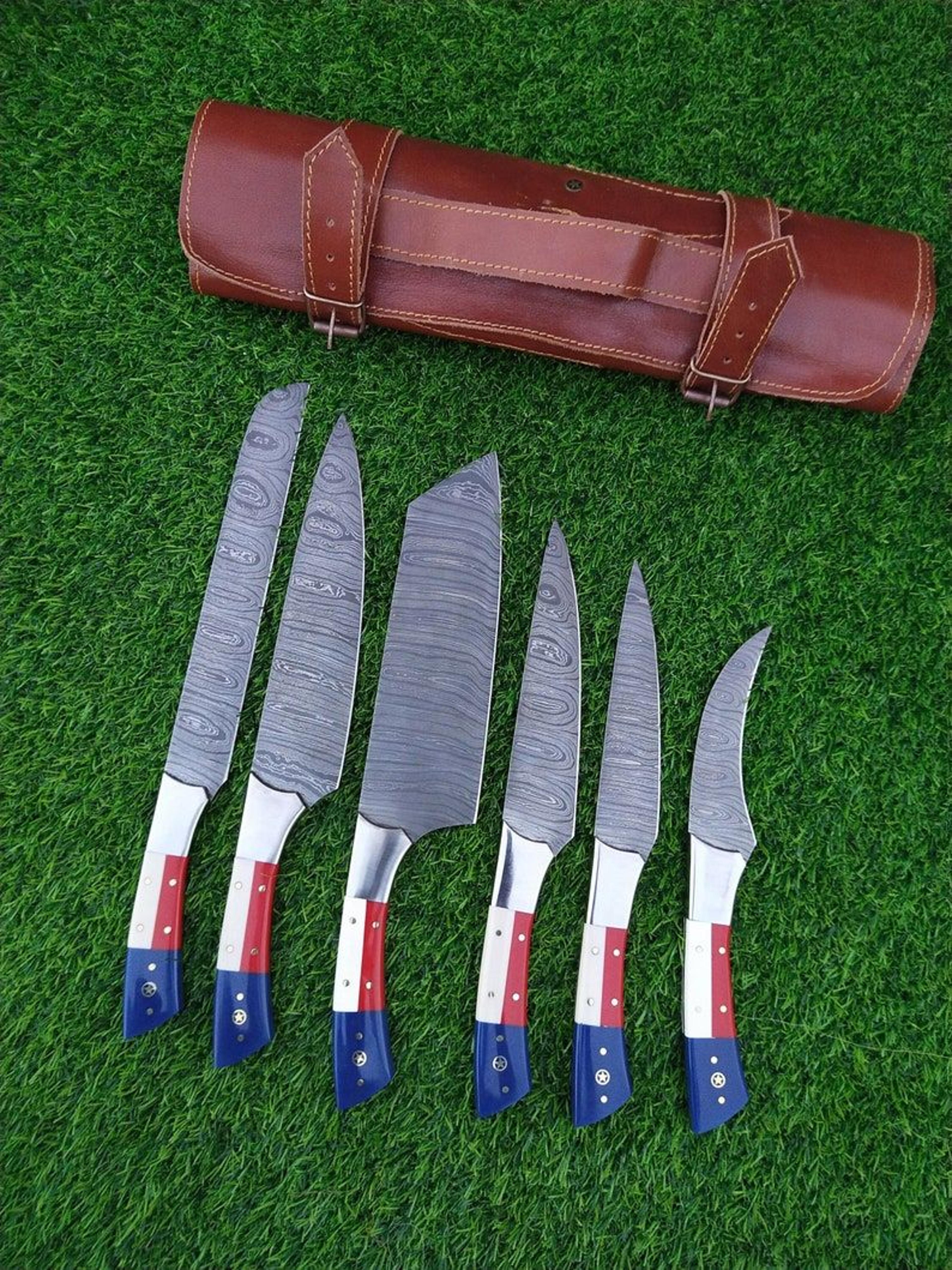 custom handmade damascus kitchen knife set with texas flag handle, gift knife sets, anniversary gifts, chef gift, gift