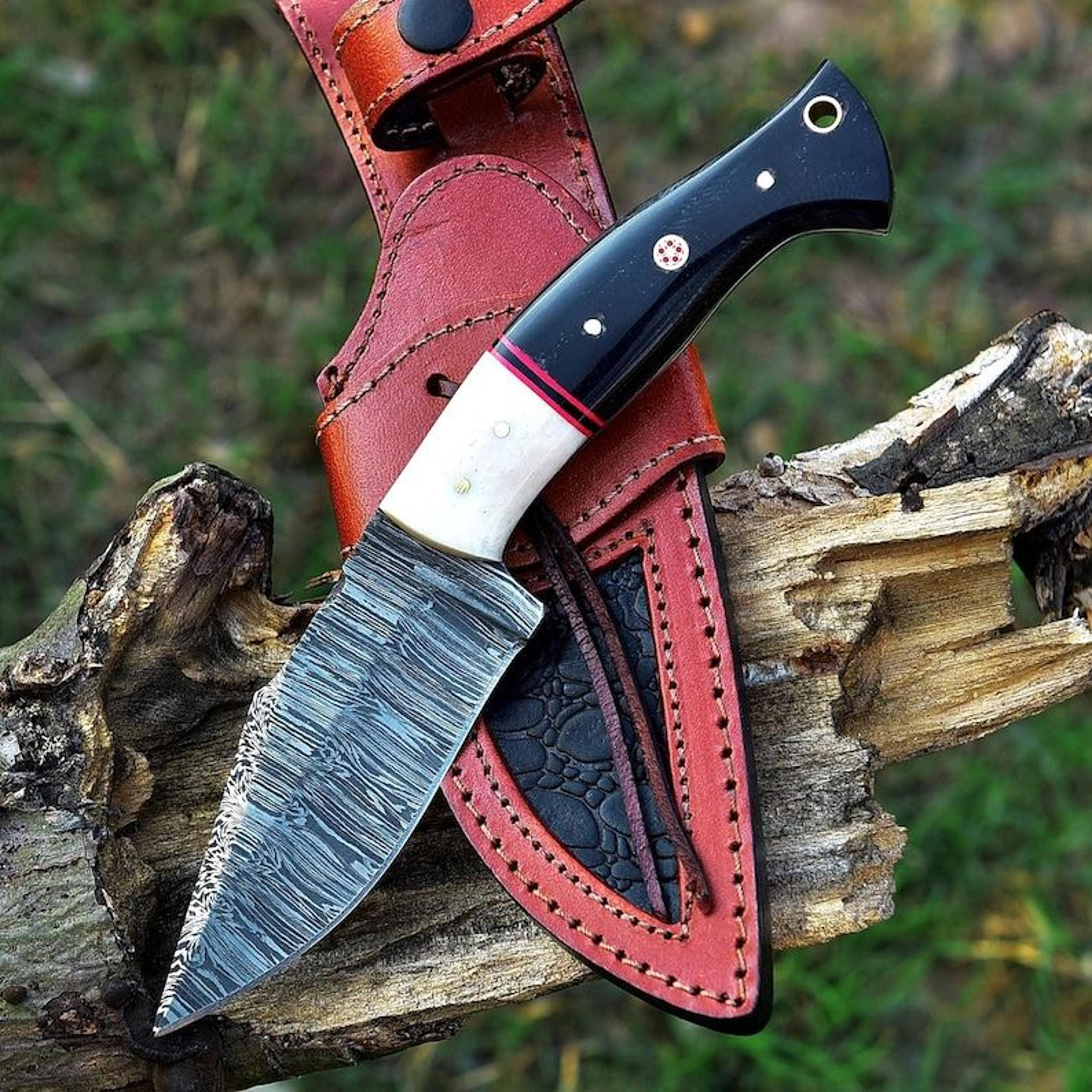 handmade damascus hunting knife with sheath, tactical, bushcraft knife, camping, gift for husband, survival