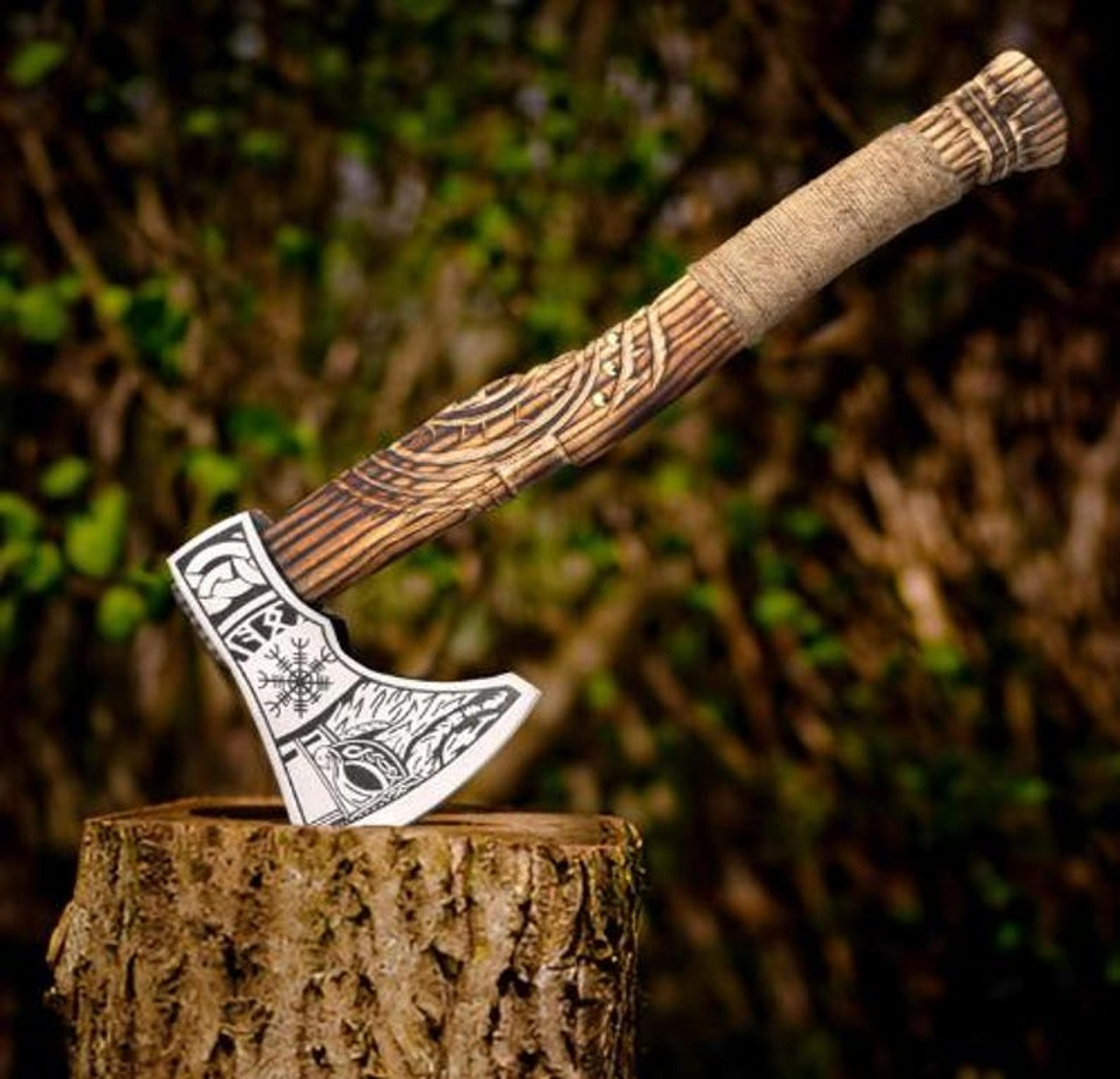 handmade viking axe premium hunting camping tomahawk with wood handle & free leather sheath, outdoor survival axe
