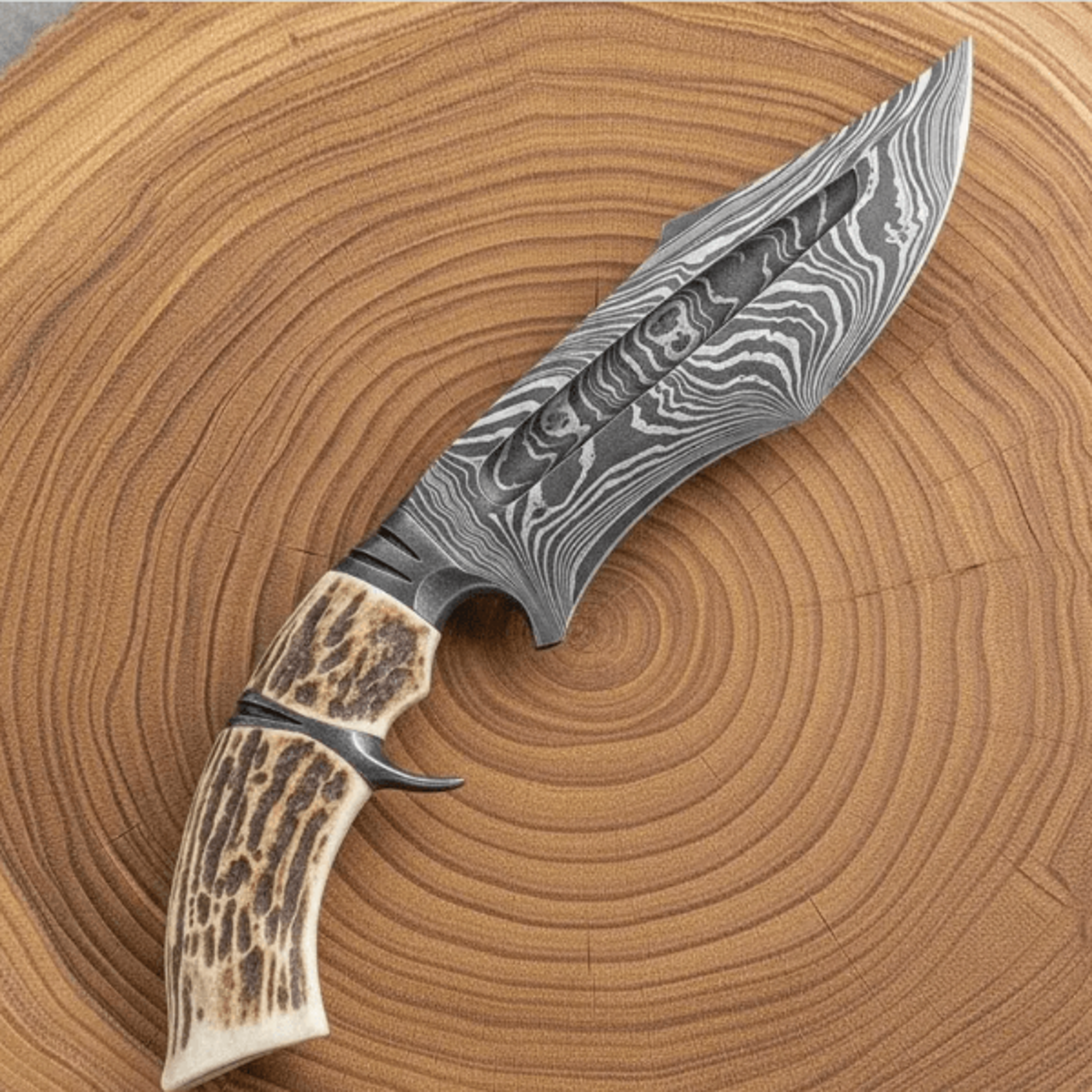 handmade damascus bowie knife | stag antler handle | full tang survival & hunting knife with leather sheath | gift