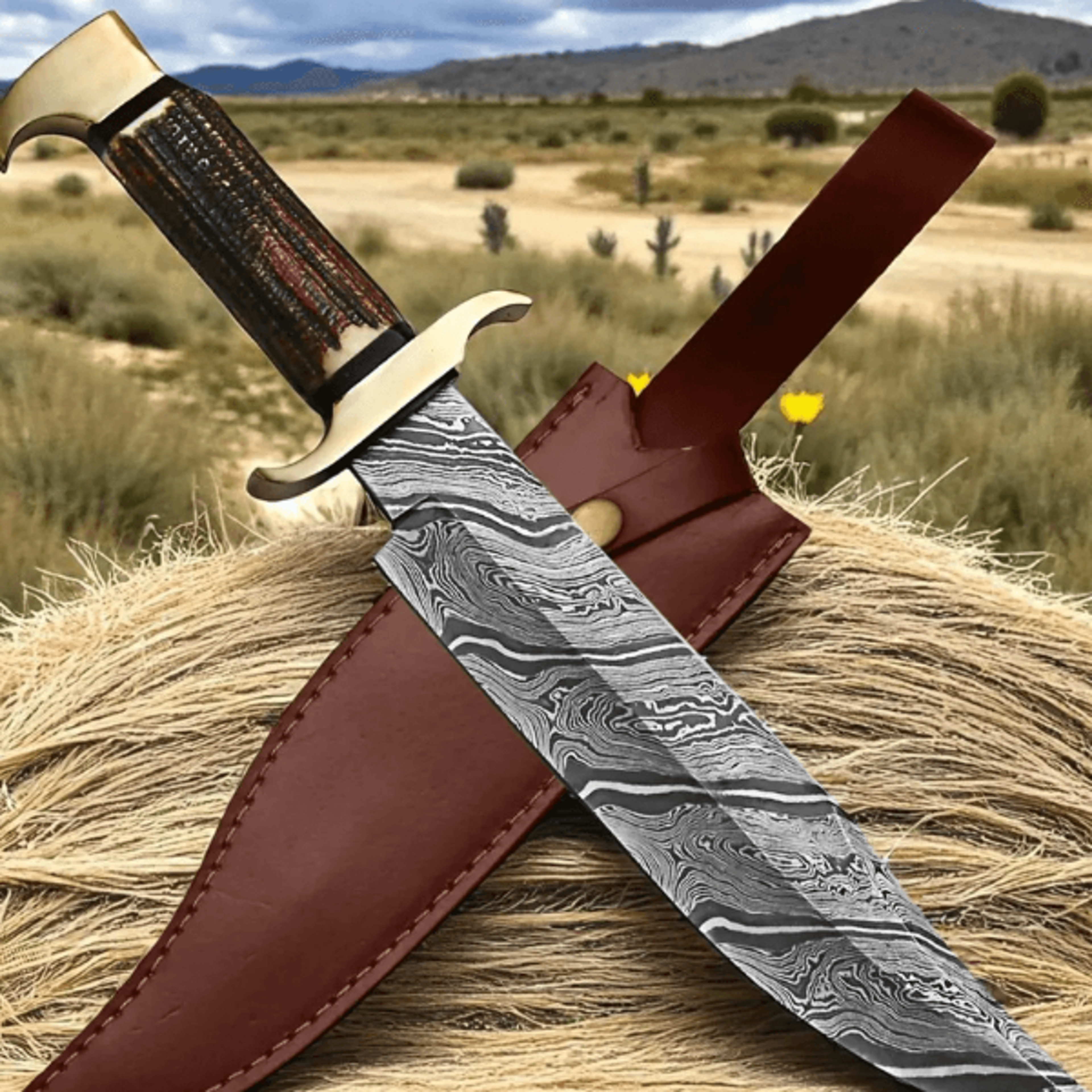 handmade snake damascus steel bowie knife | deer horn handle | full tang hunting knife | bf gift