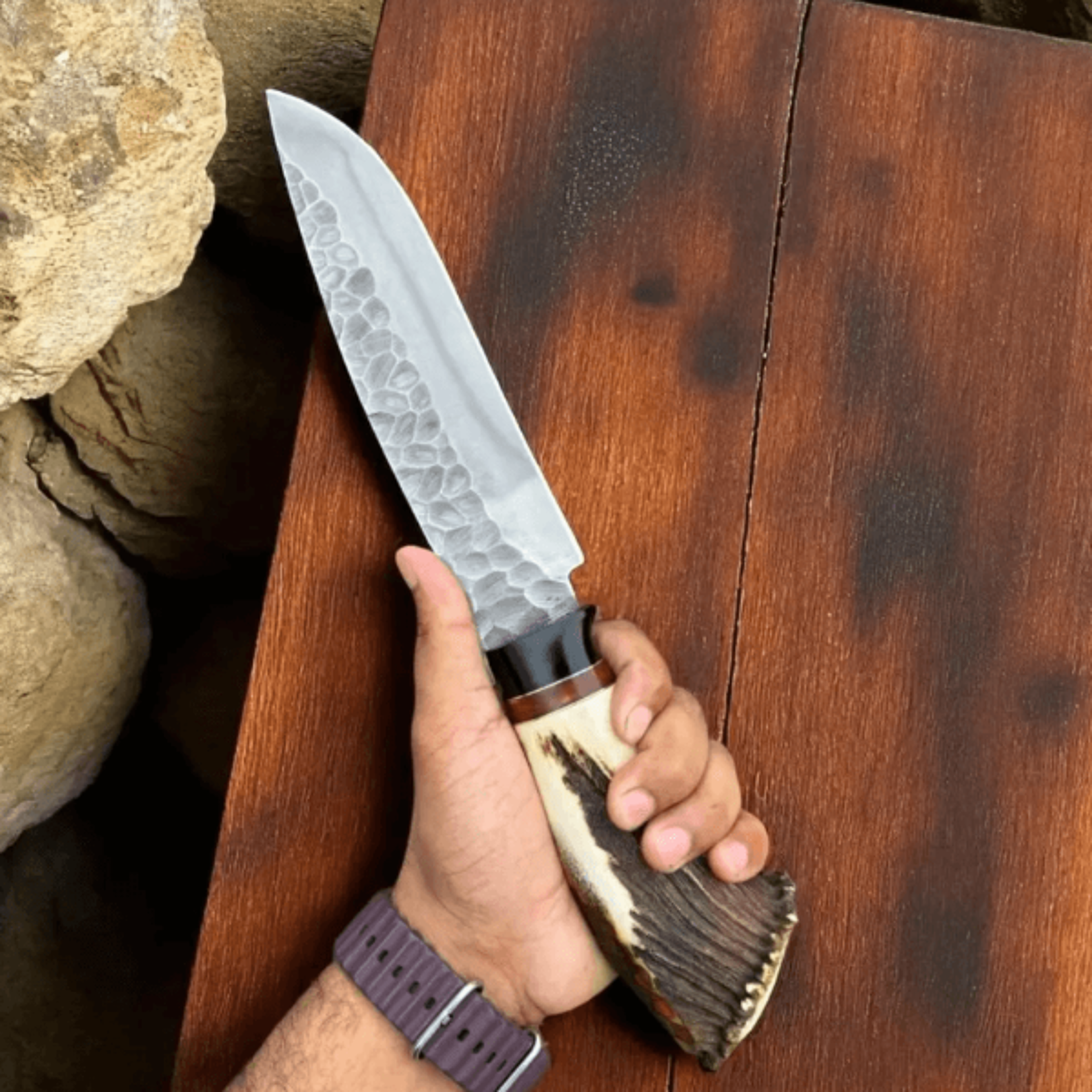 15" handmade high carbon steel hunting knife | hammer-forged blade | genuine stag handle
