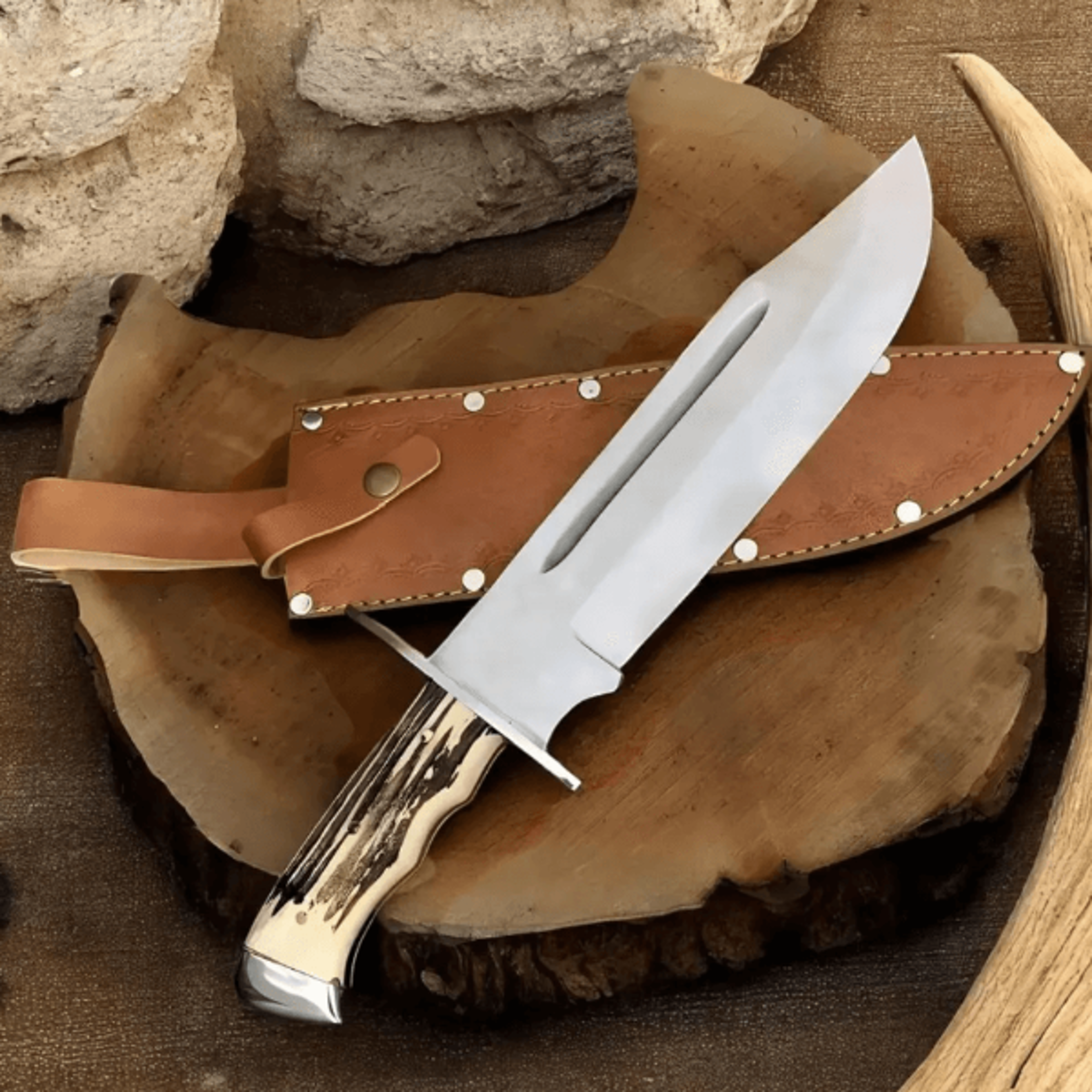 premium d2 steel bowie knife | 15" collector blade with stag horn handle + leather sheath | handmade hunting knife
