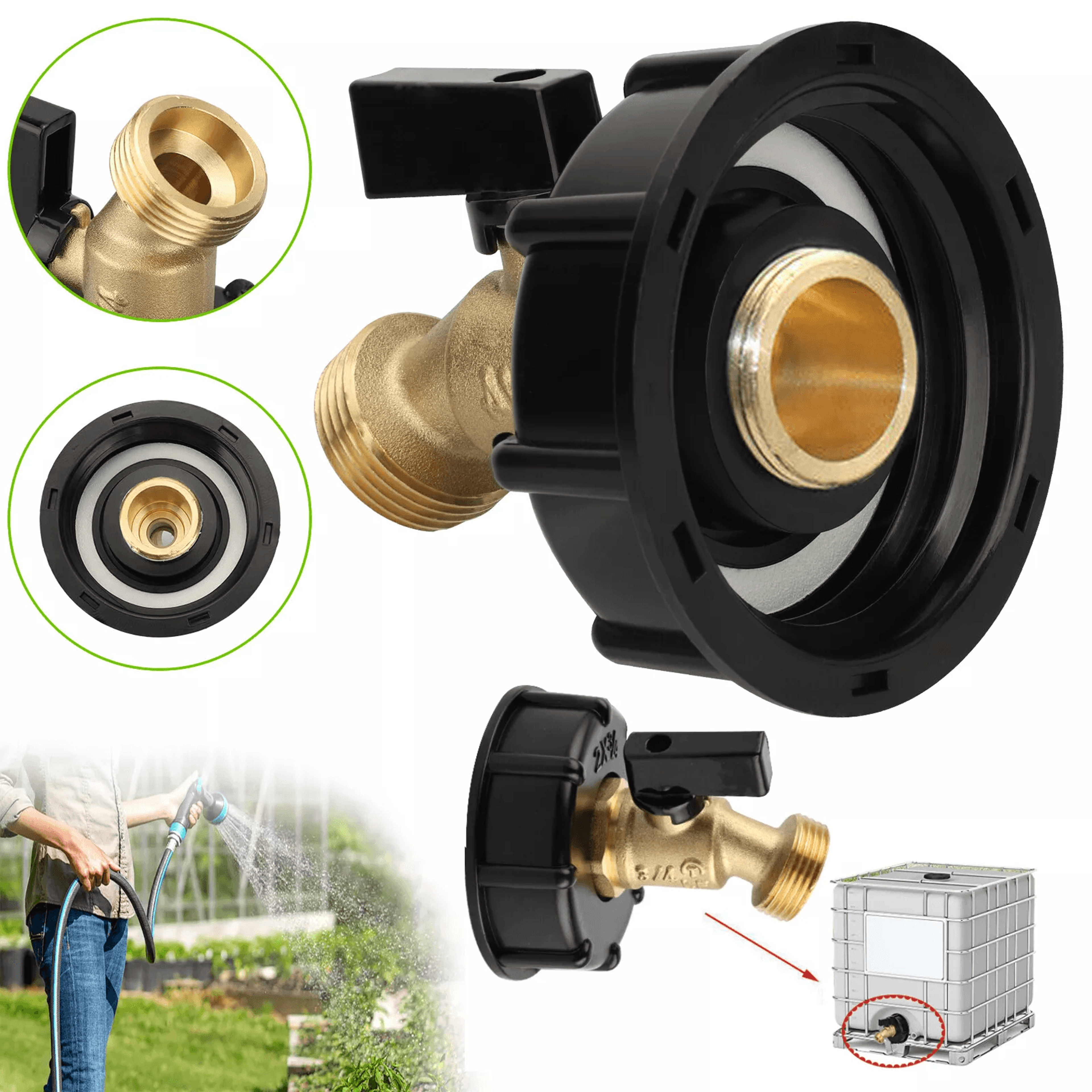 ibc tote water tank adapter with brass hose faucet valve connector, coarse thread for garden hose, rv and camping