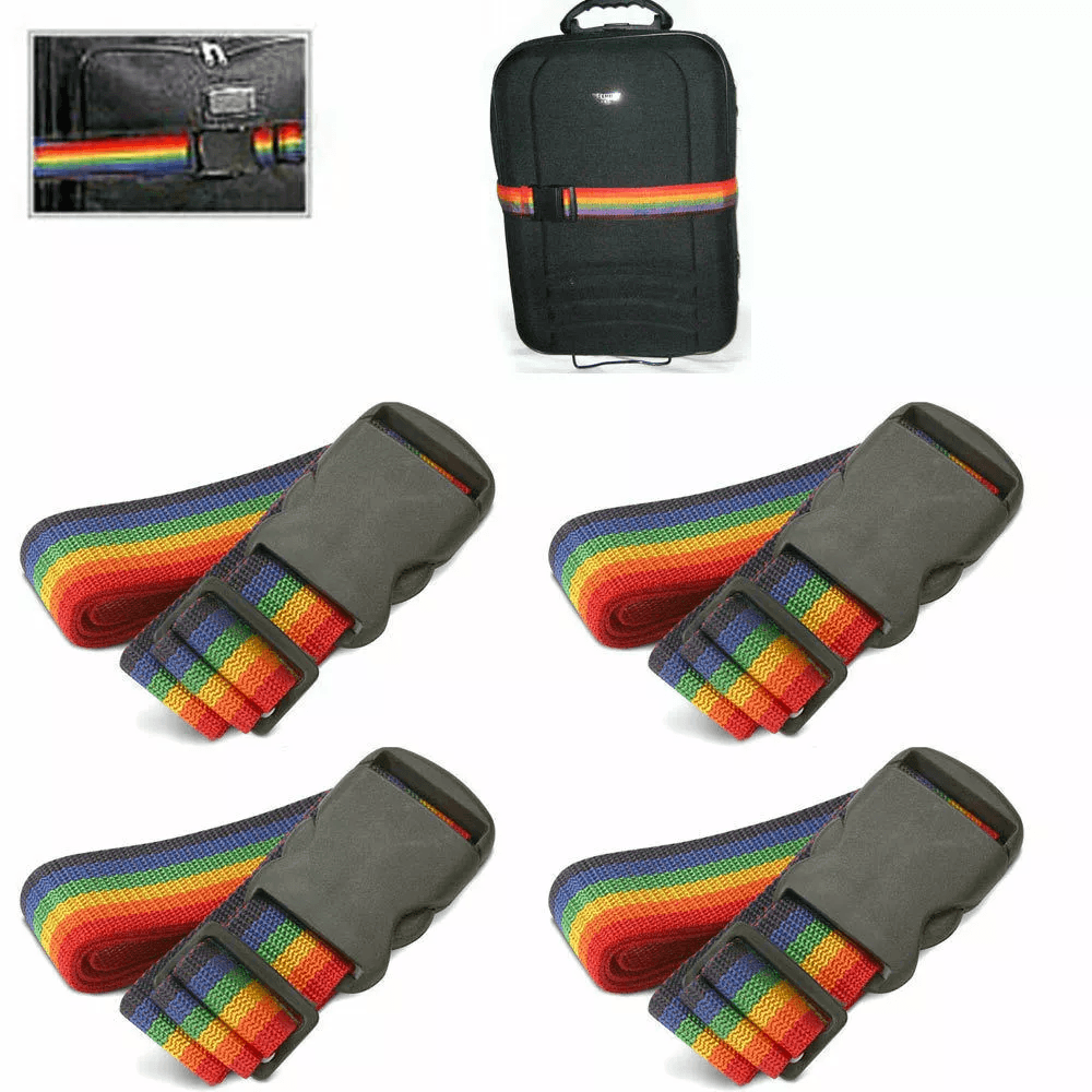 4-pack rainbow travel luggage straps, adjustable suitcase belts for secure baggage backpack protection