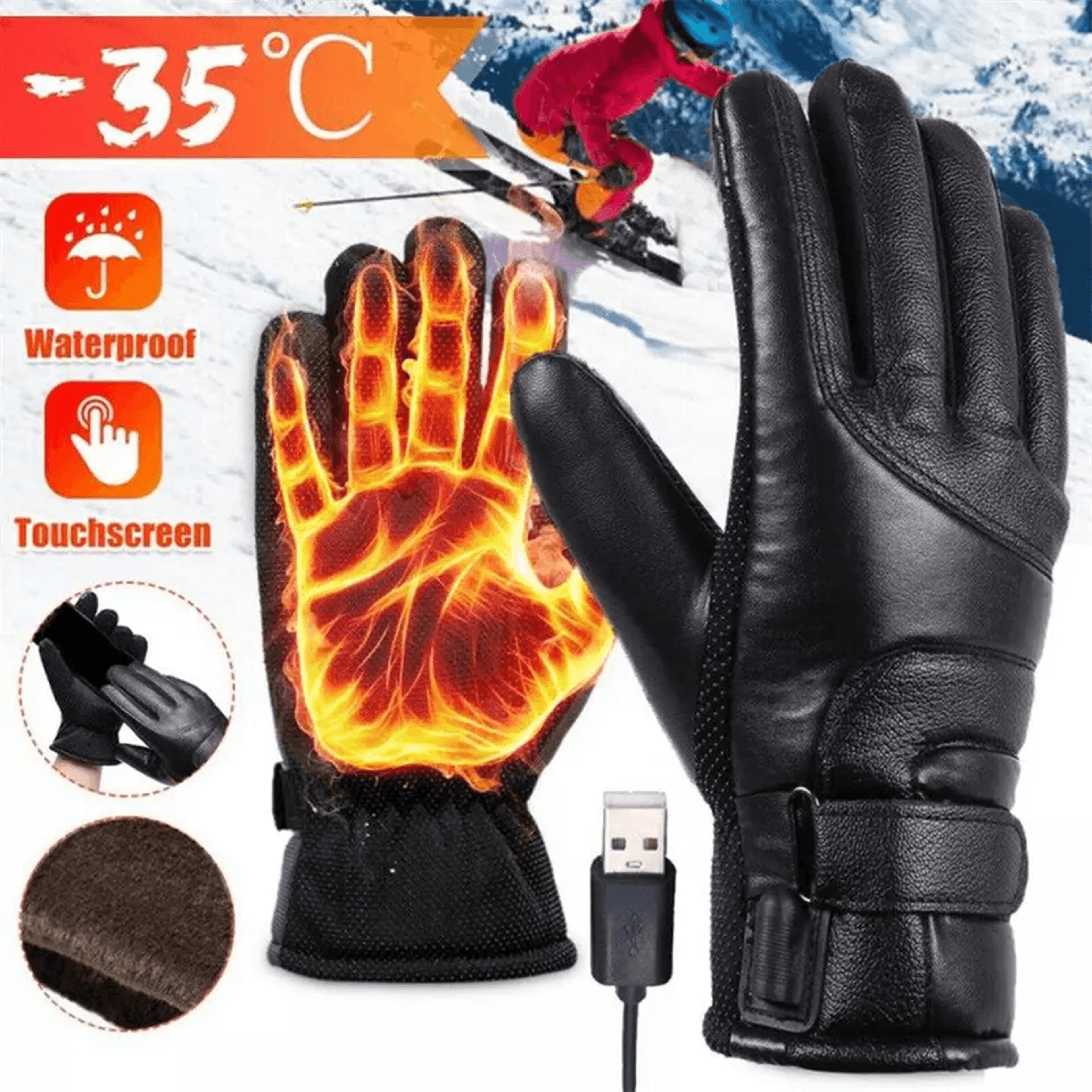 electric usb heated gloves, winter warming thermal ski snow hand warmers for men & women, waterproof & windproof
