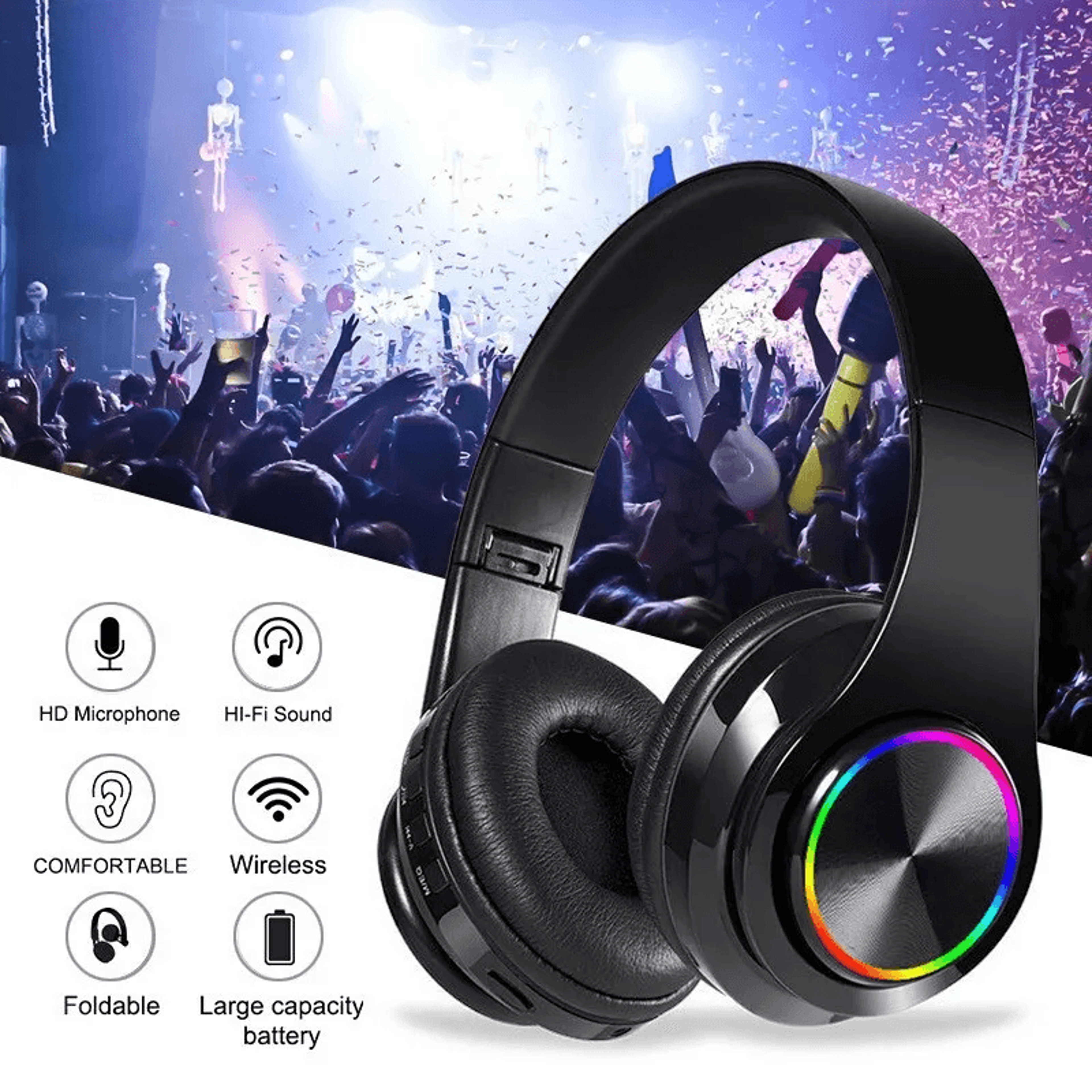 super bass wireless bluetooth headphones foldable stereo over ear earphones with mic, led light for music, gaming, study