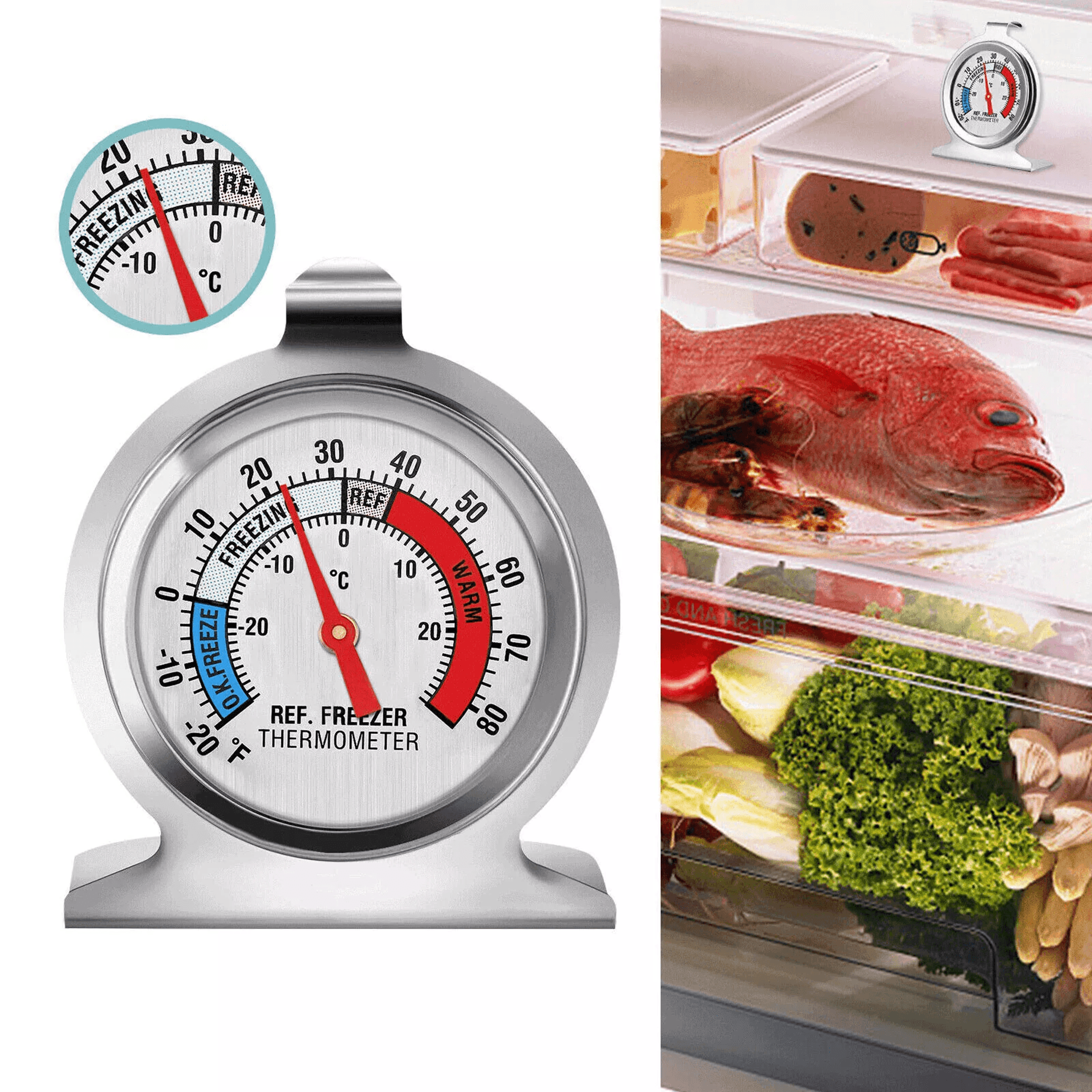 stainless steel refrigerator freezer thermometer dial type fridge temperature gauge with hang stand design for accurate