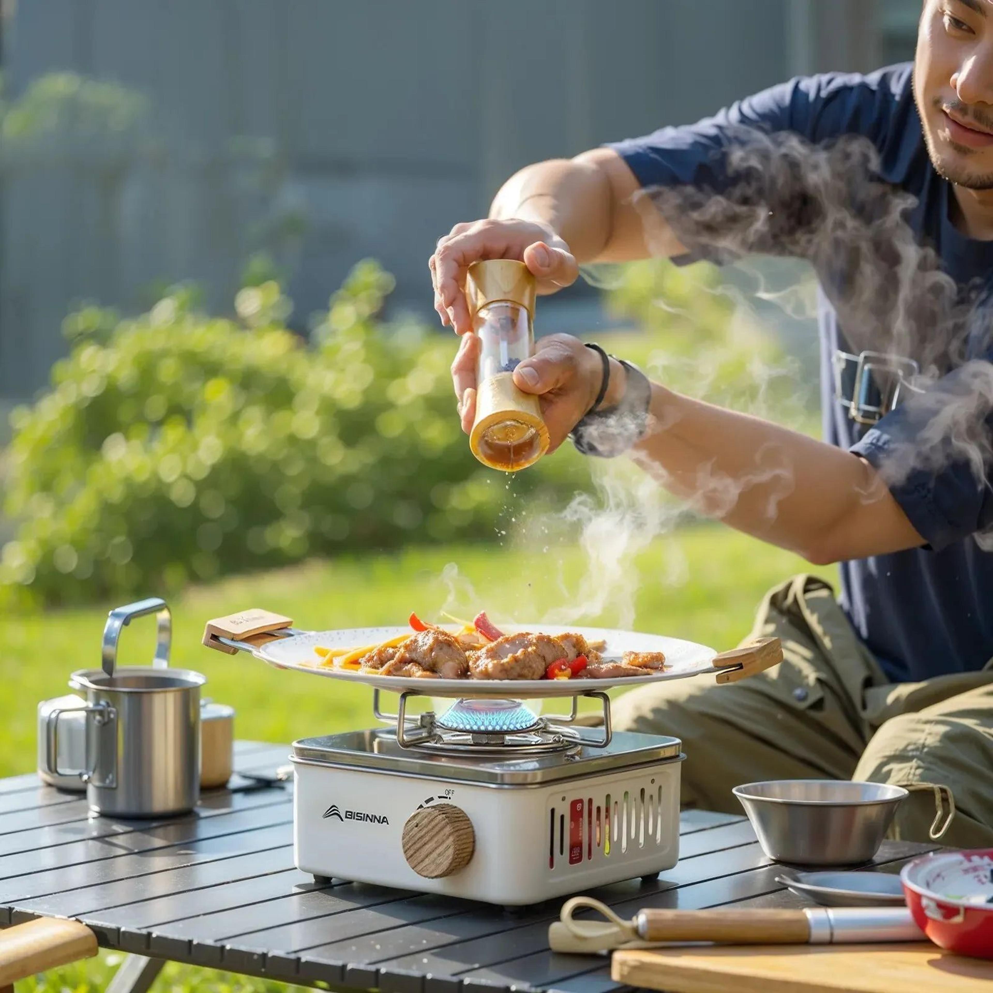 camping gas stove with high firepower, portable outdoor gas burner cassette furnace for picnic & camp cooking