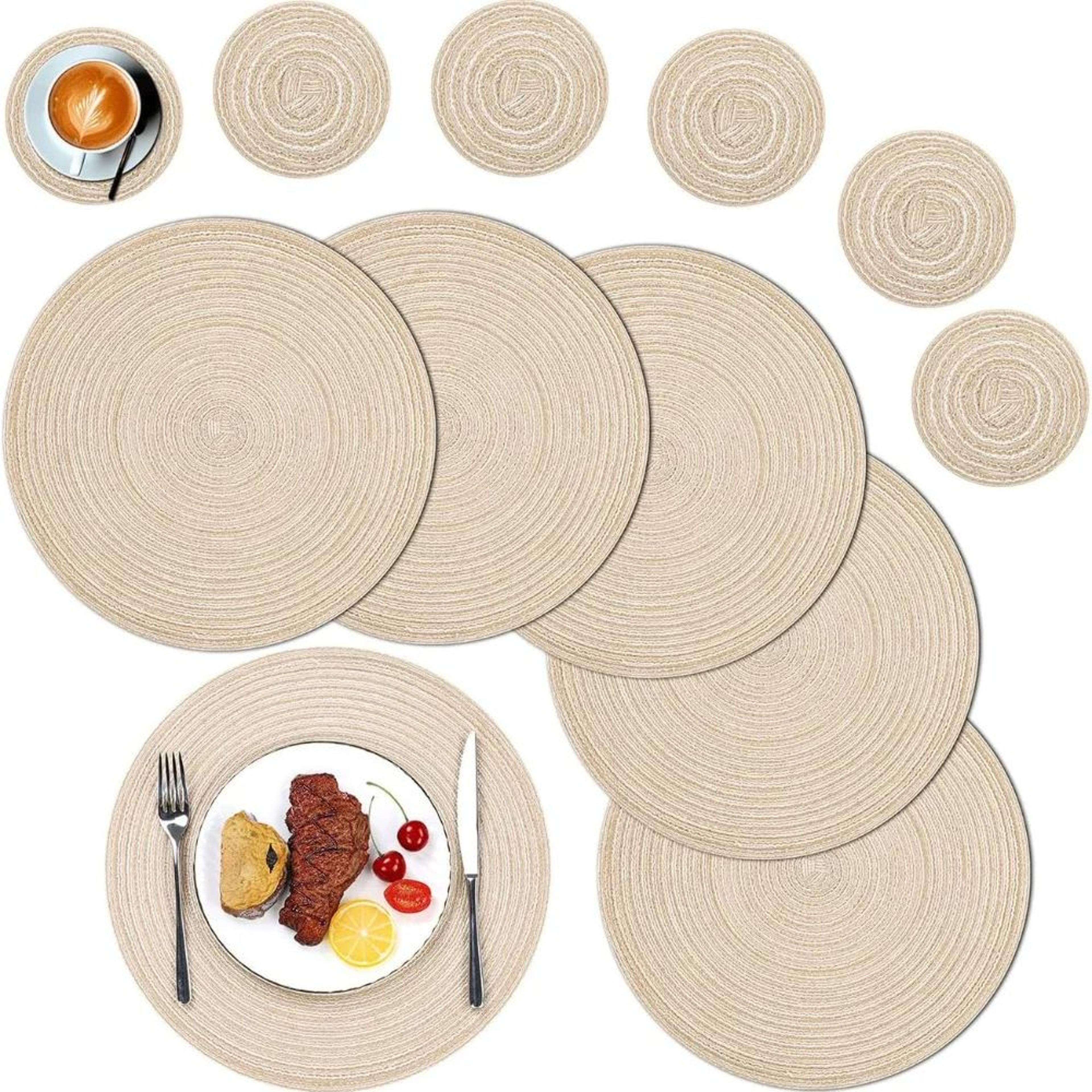 set of 6 round placemats and coasters braided woven table mats, washable heat resistant for dining, kitchen, and outdoor