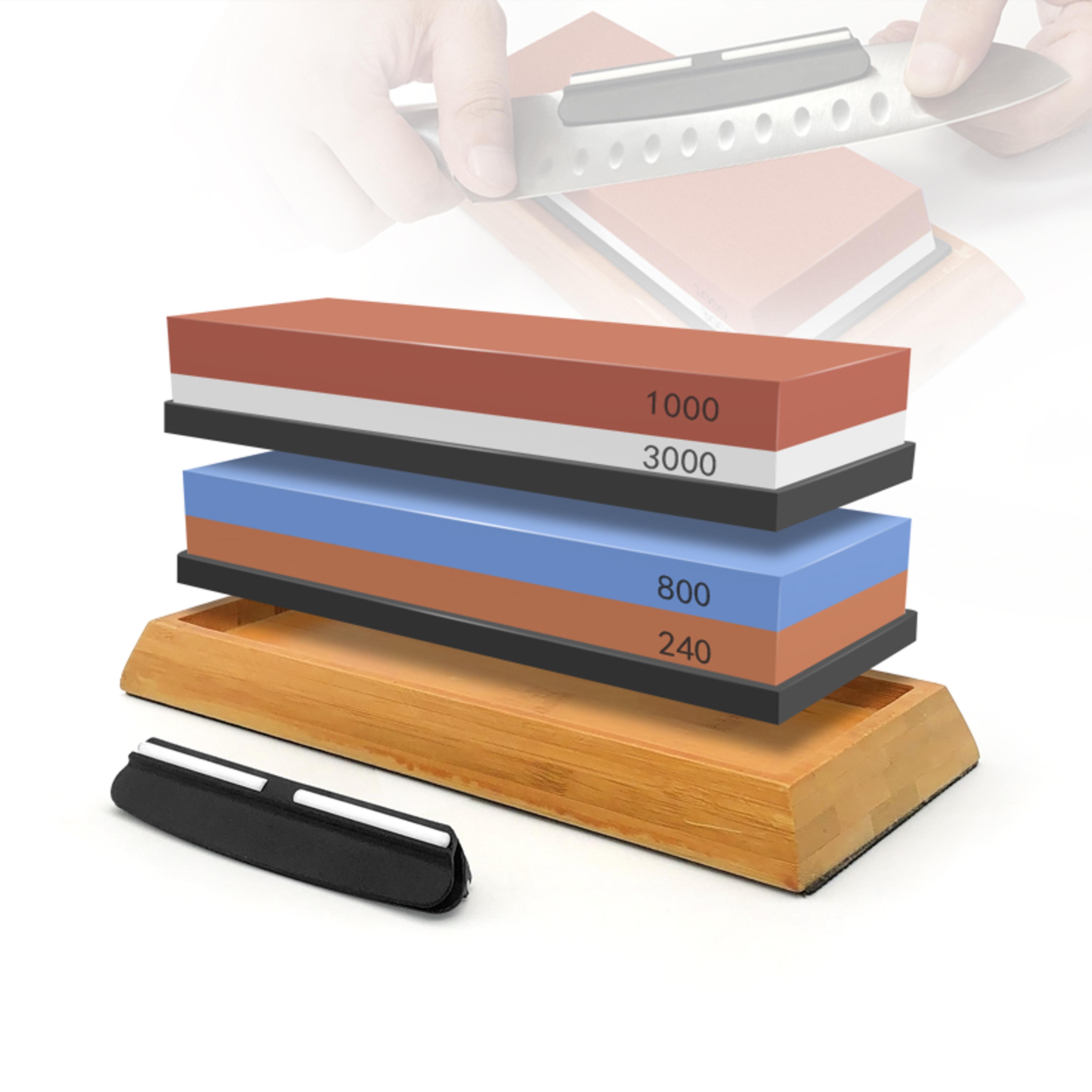 professional sharpening stones knife sharpener kit, double-side whetstone grinder stone with bamboo base & angle guide