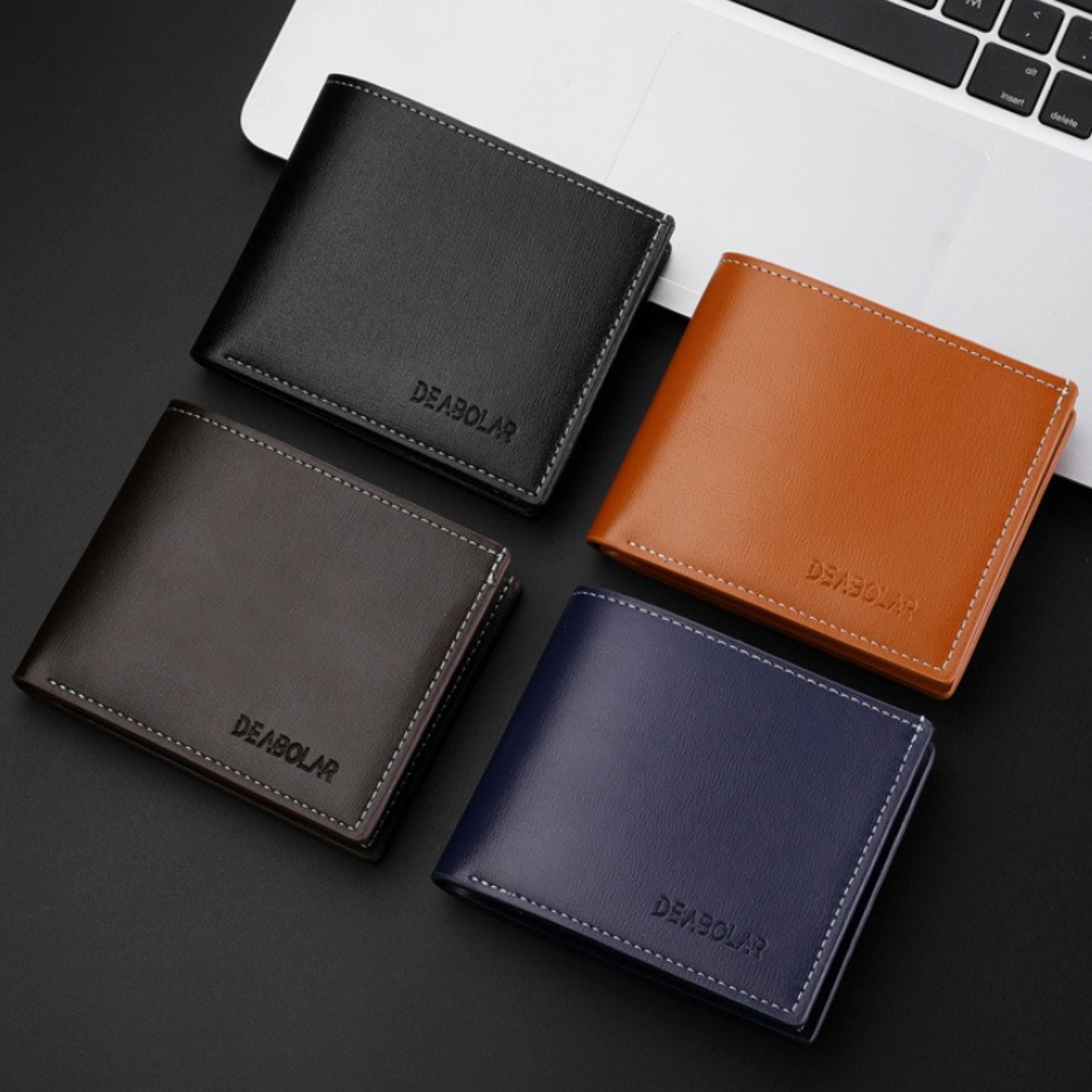 men pu leather short wallet, slim bifold multi card holder purse with id window, folding casual credit wallet