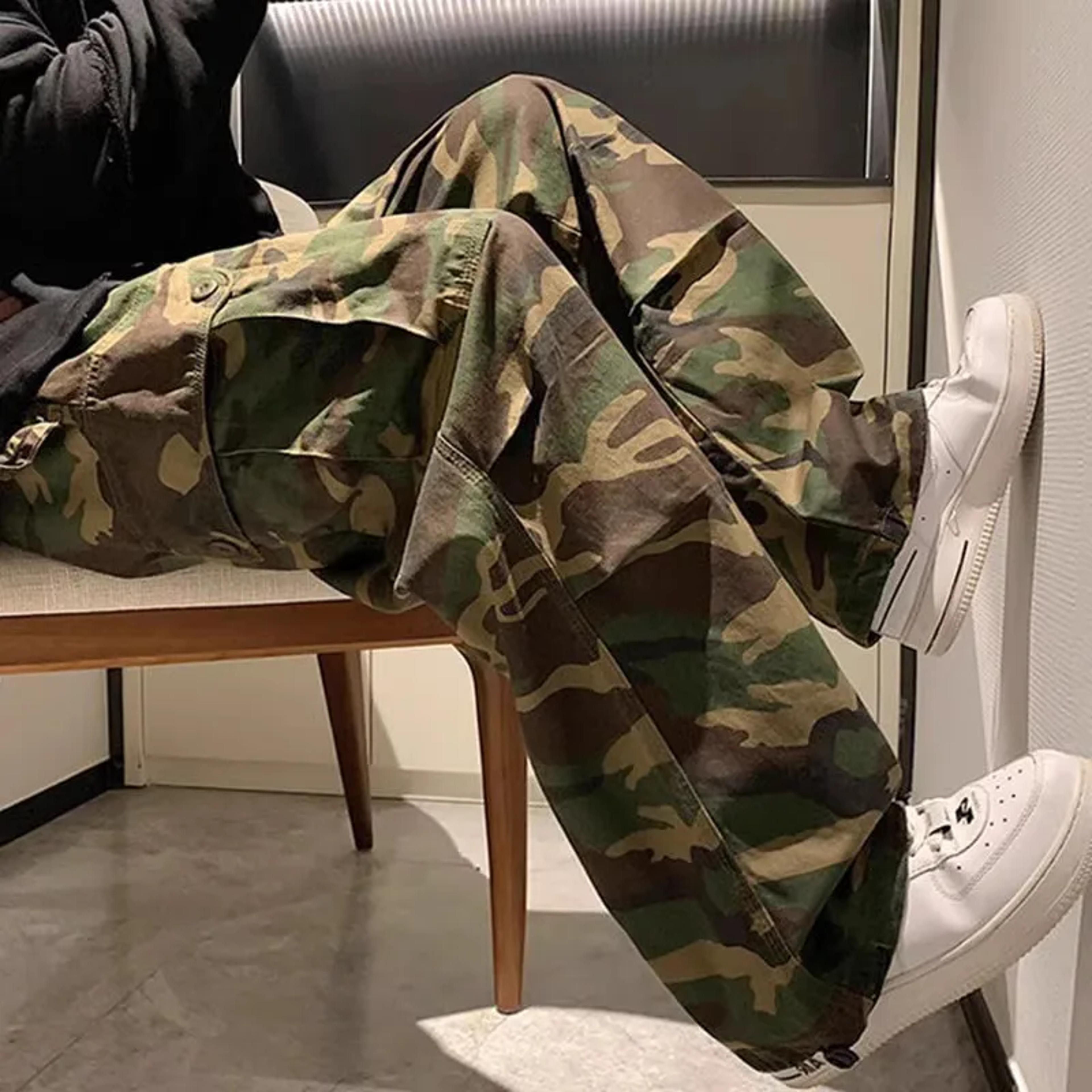 men camo cargo pants high waist loose fit straight leg streetwear trousers