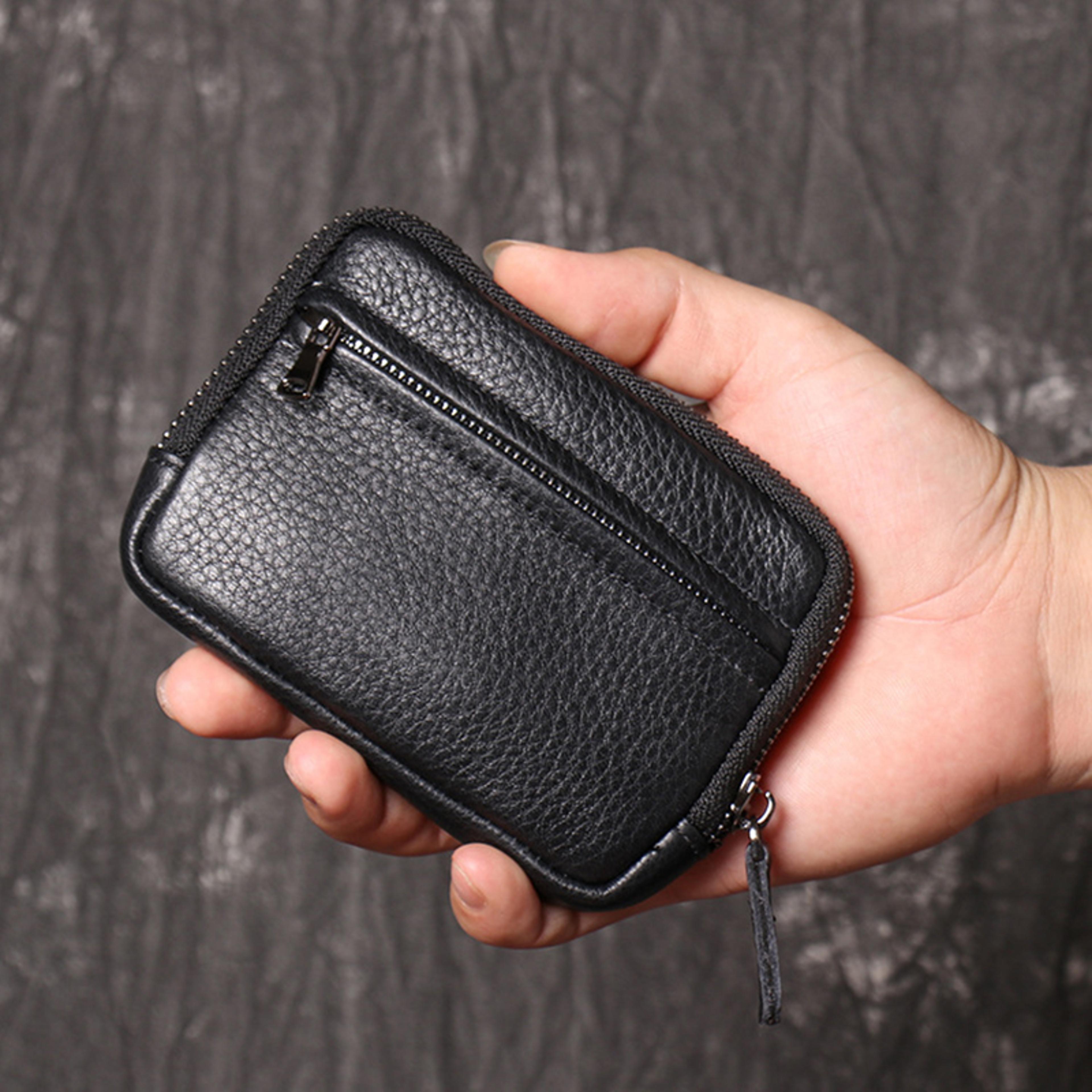 genuine leather wallets for men women, small zipper purses, retro money bag, coin change purse, key holder organizer