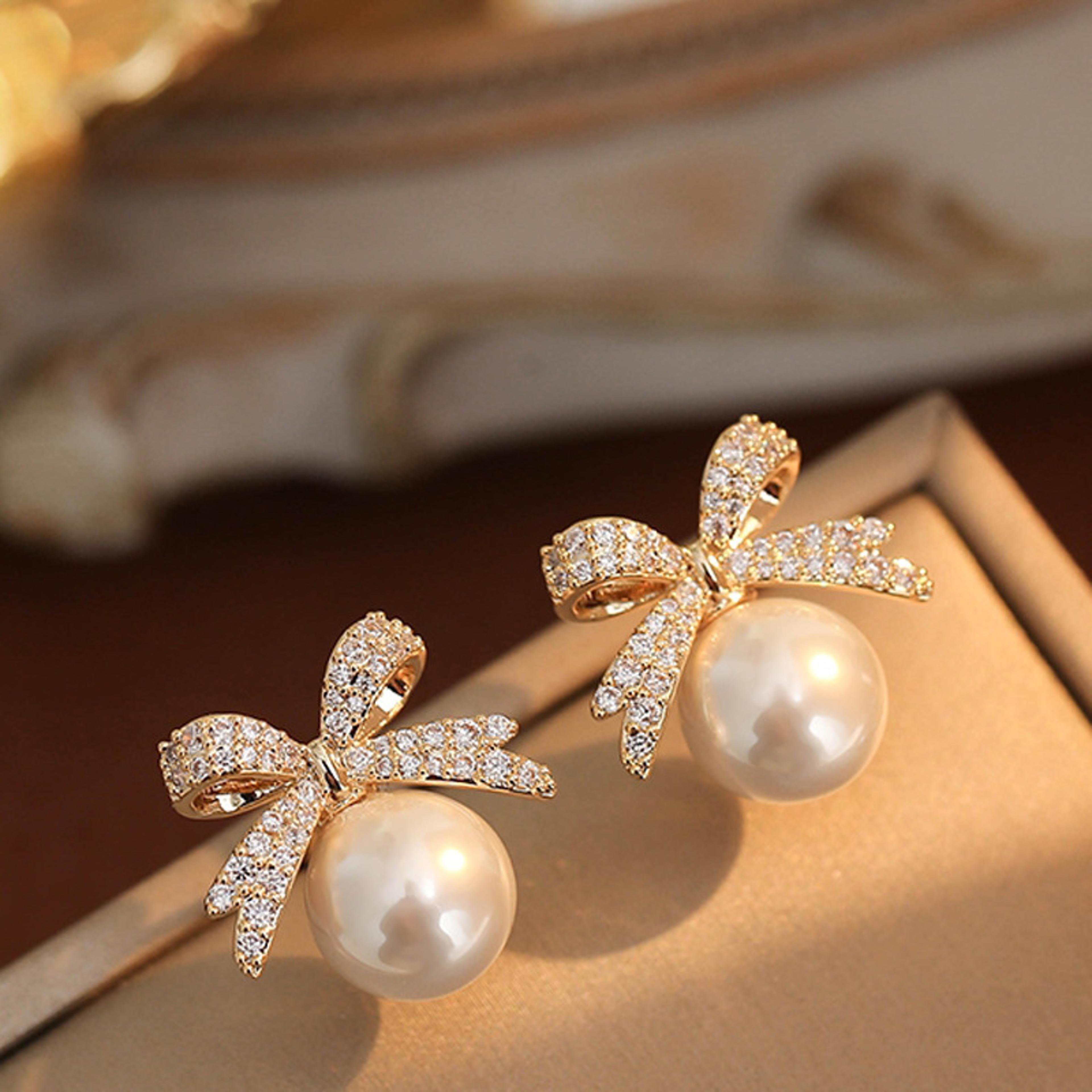 sparkling rhinestone bow pearl stud earrings, light luxury fashion jewelry for women, perfect gift for wedding, birthday