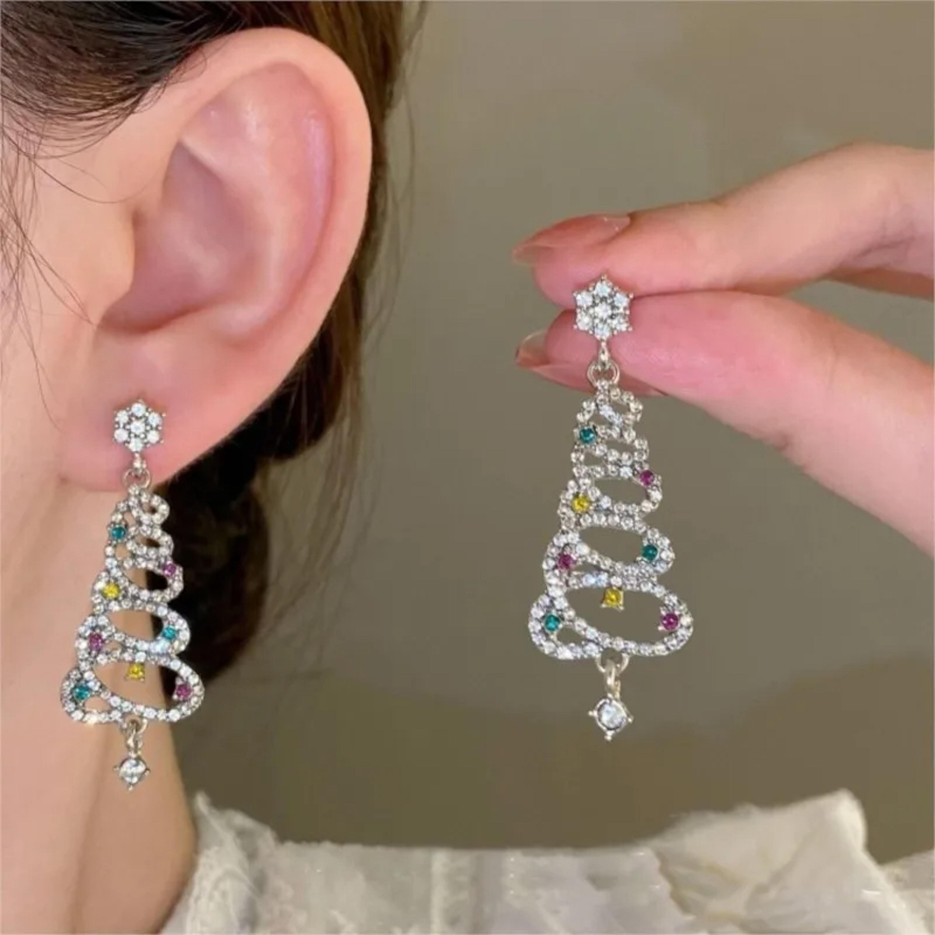 colorful shiny hollow tassel christmas tree stud earrings for women