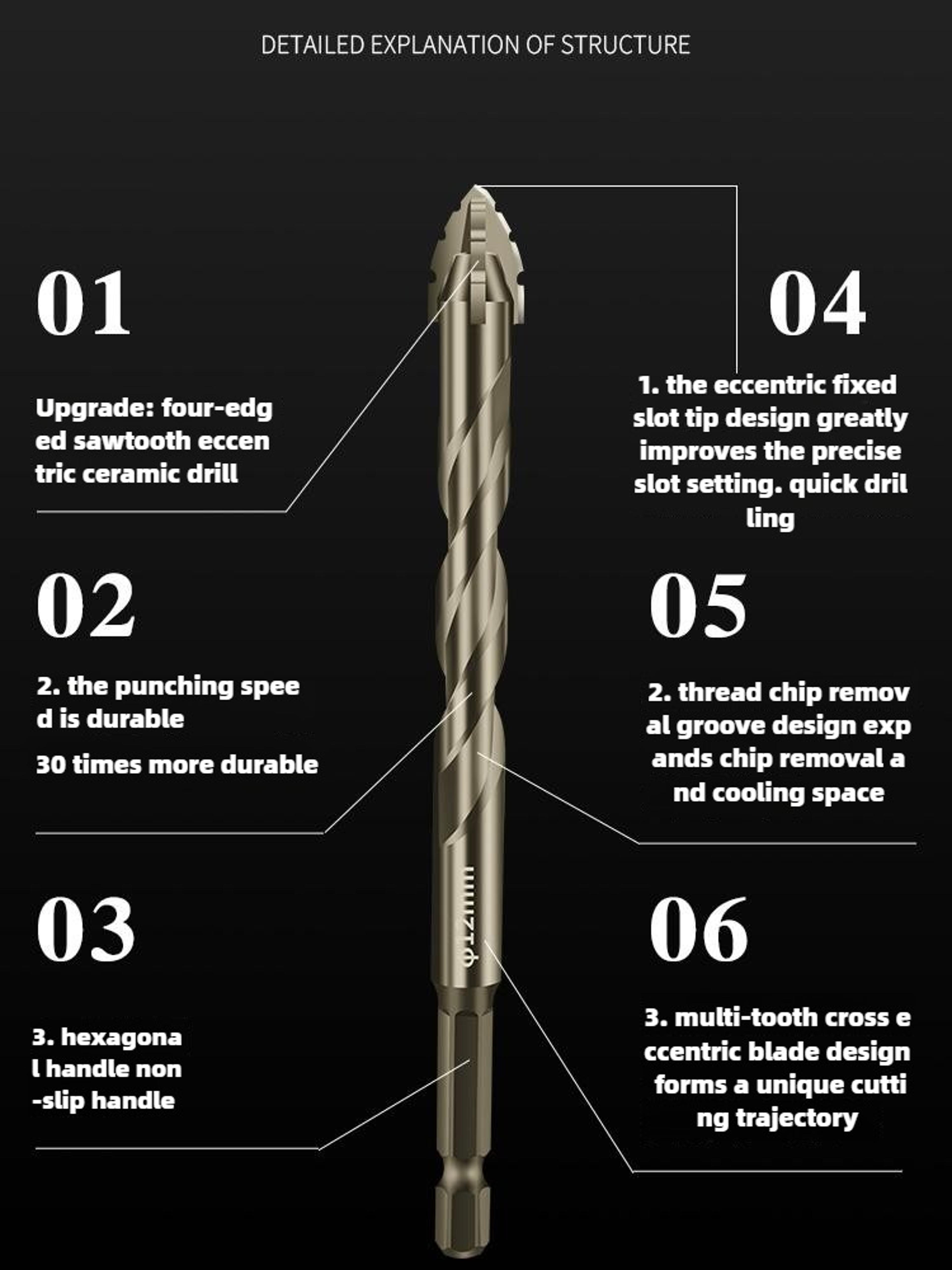 HighFourEdged Serrated Eccentric Drill Bit Dry Drilling For Ceramic Tiles Glass Marble  Concrete 3