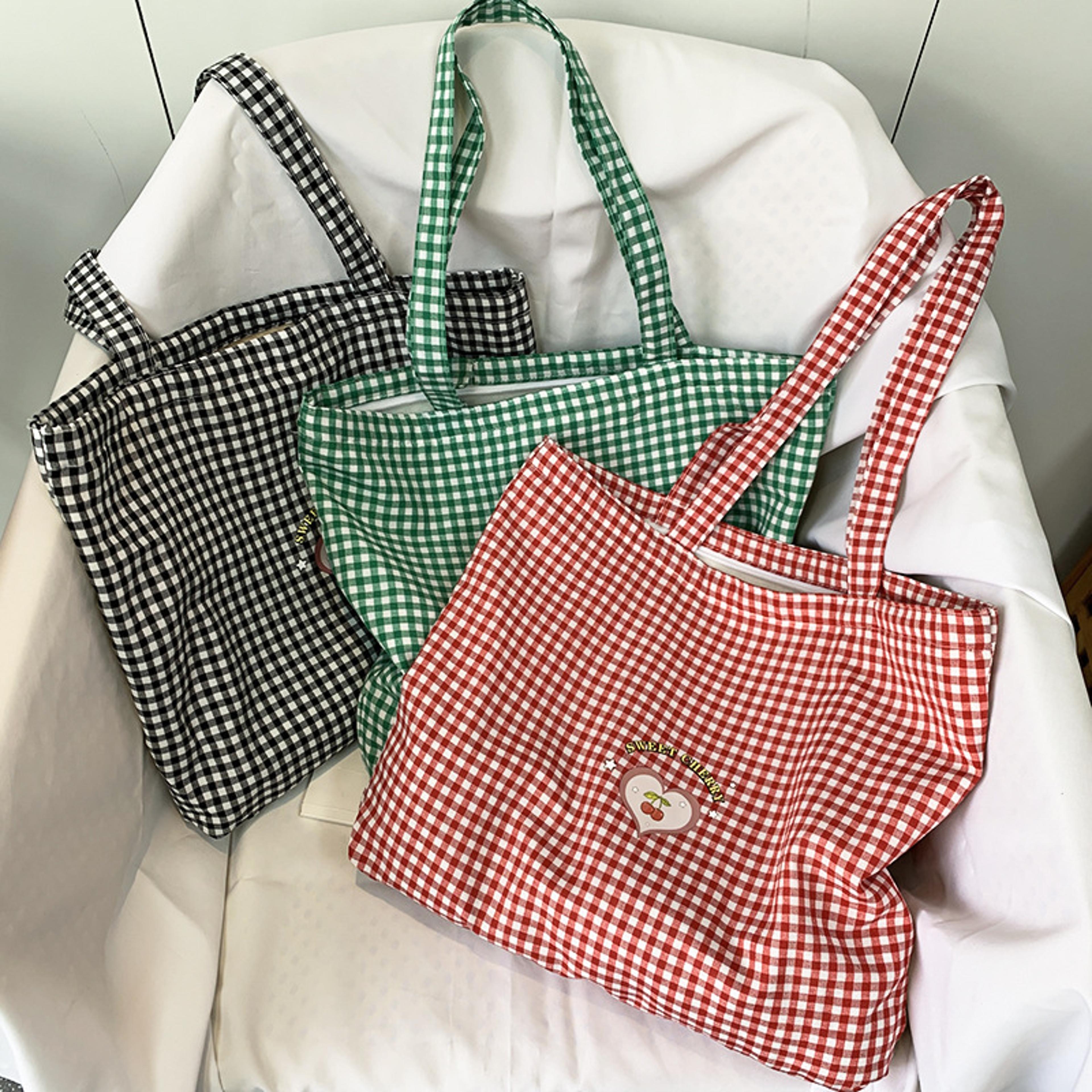 eco reusable retro plaid women portable shopping bags, cotton tote shoulder bag, college girls handbags with zipper