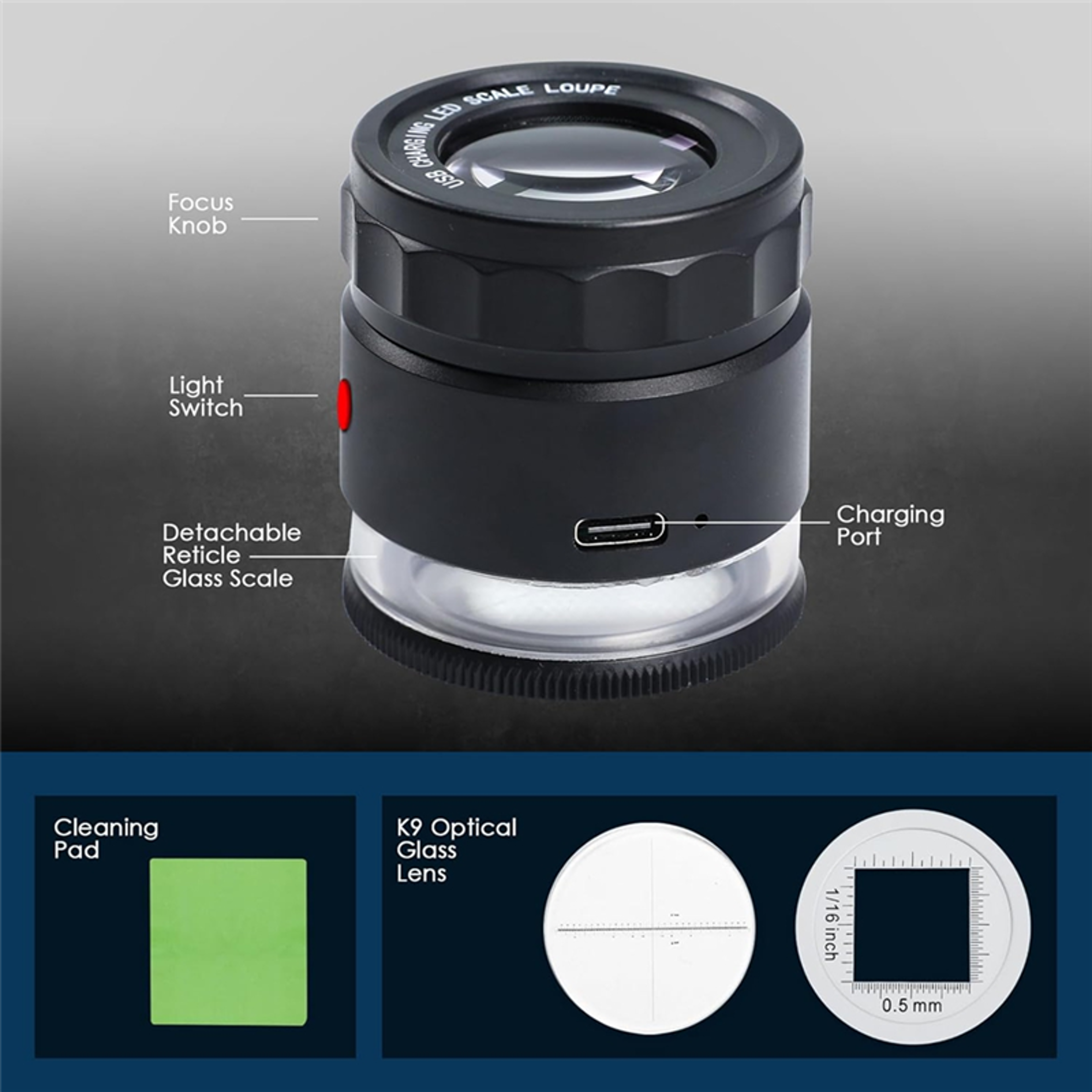 jewelry loupe magnifier , led light and scale, rechargeable magnifying glass with adjustable focal length for precision
