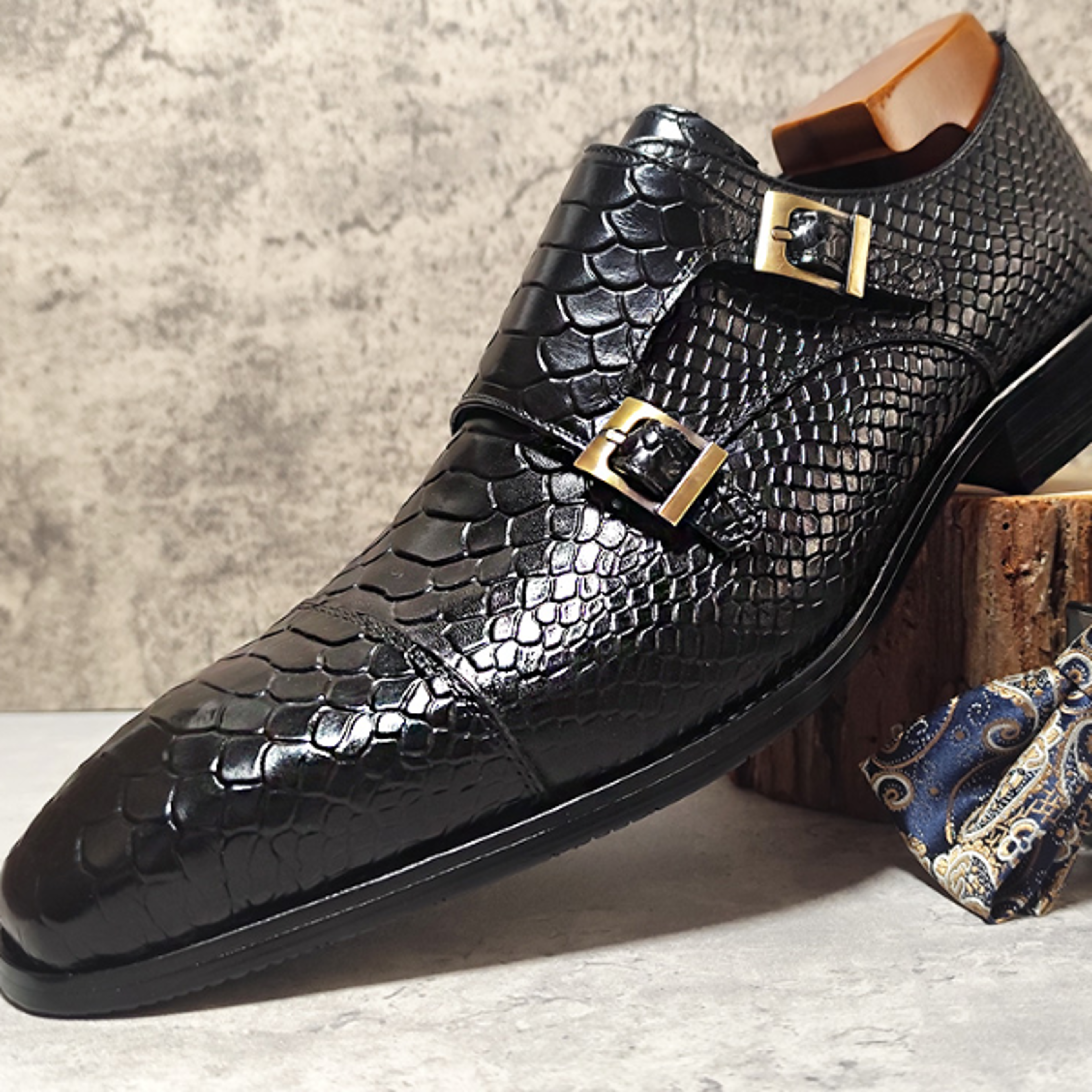 snake print men's loafers, luxury black brown casual shoes, formal dress loafers, genuine leather double monk shoes