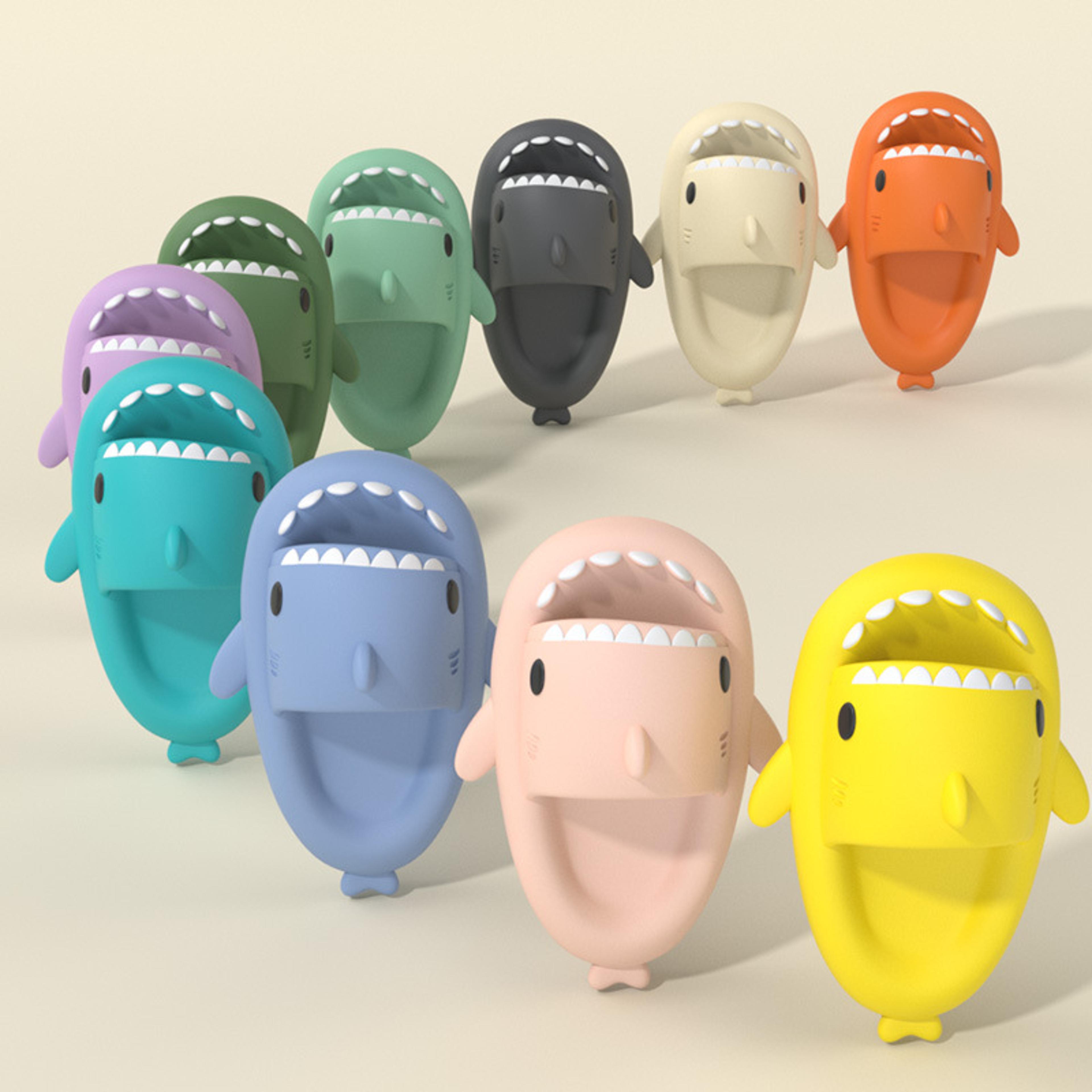 summer men shark slippers, women bathroom slides, anti-skid flip flops, soft beach sandals, outdoor couples shoes