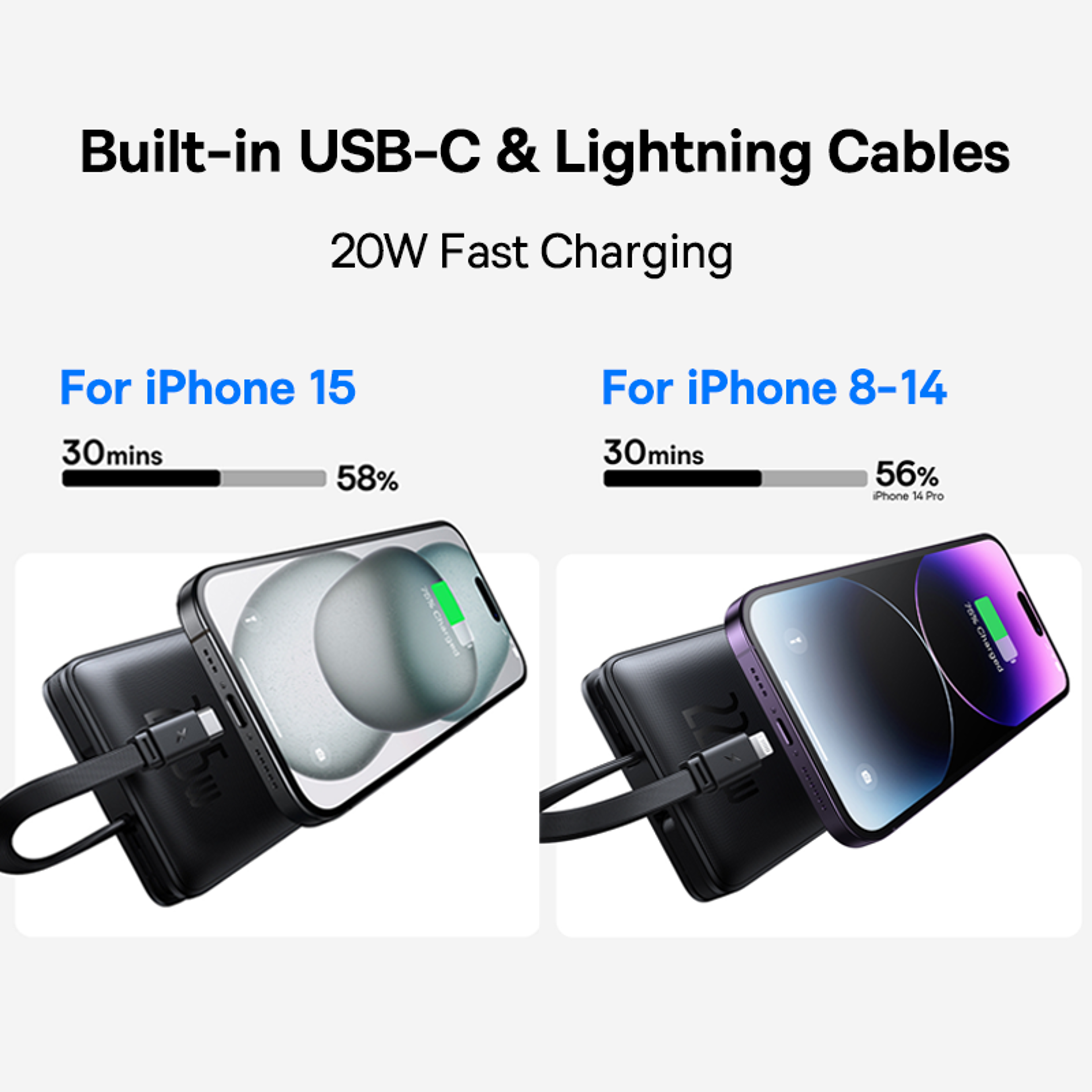 Power Bank With Two Built In Cables PD Fast Charging Compact Portable Charger 2