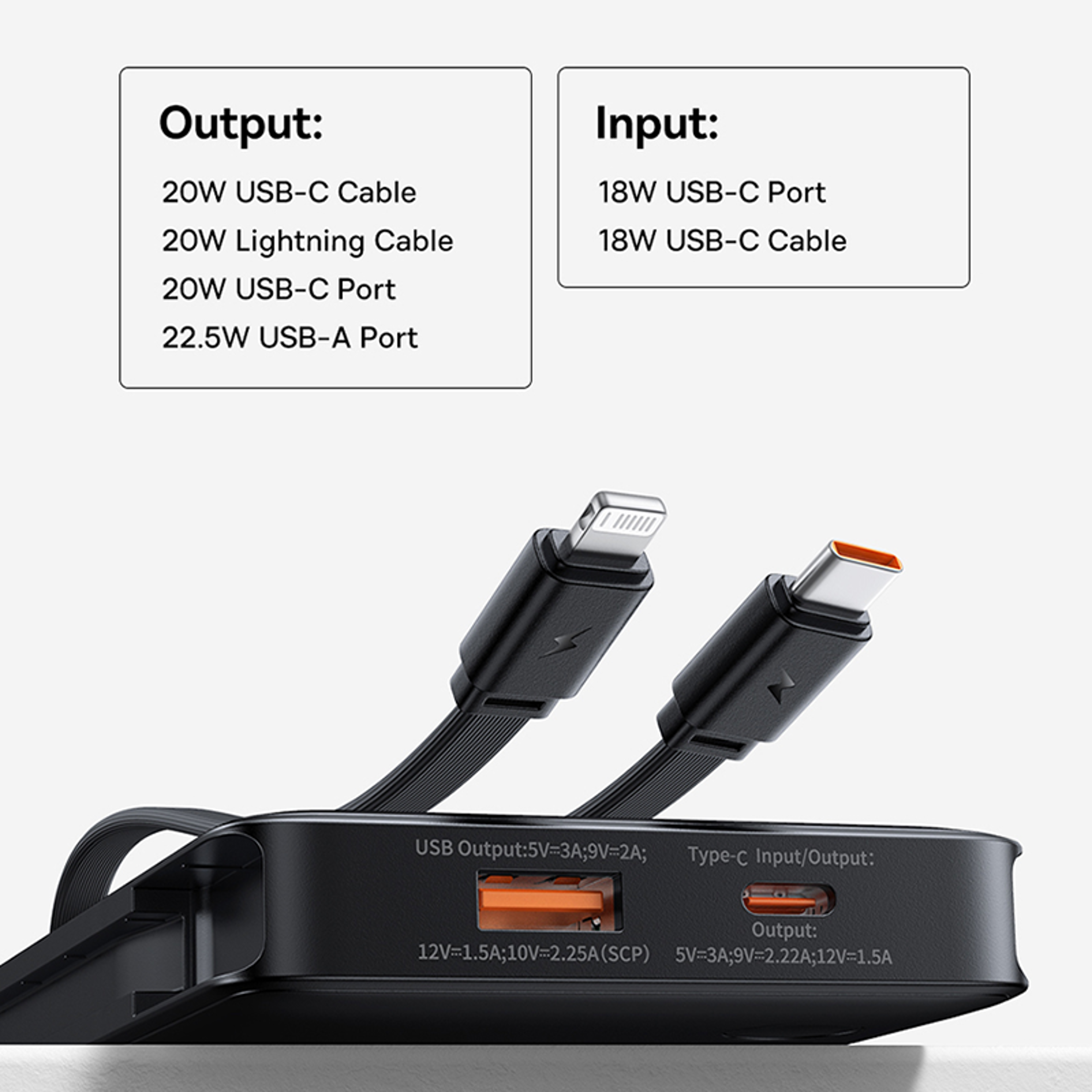 Power Bank With Two Built In Cables PD Fast Charging Compact Portable Charger 3