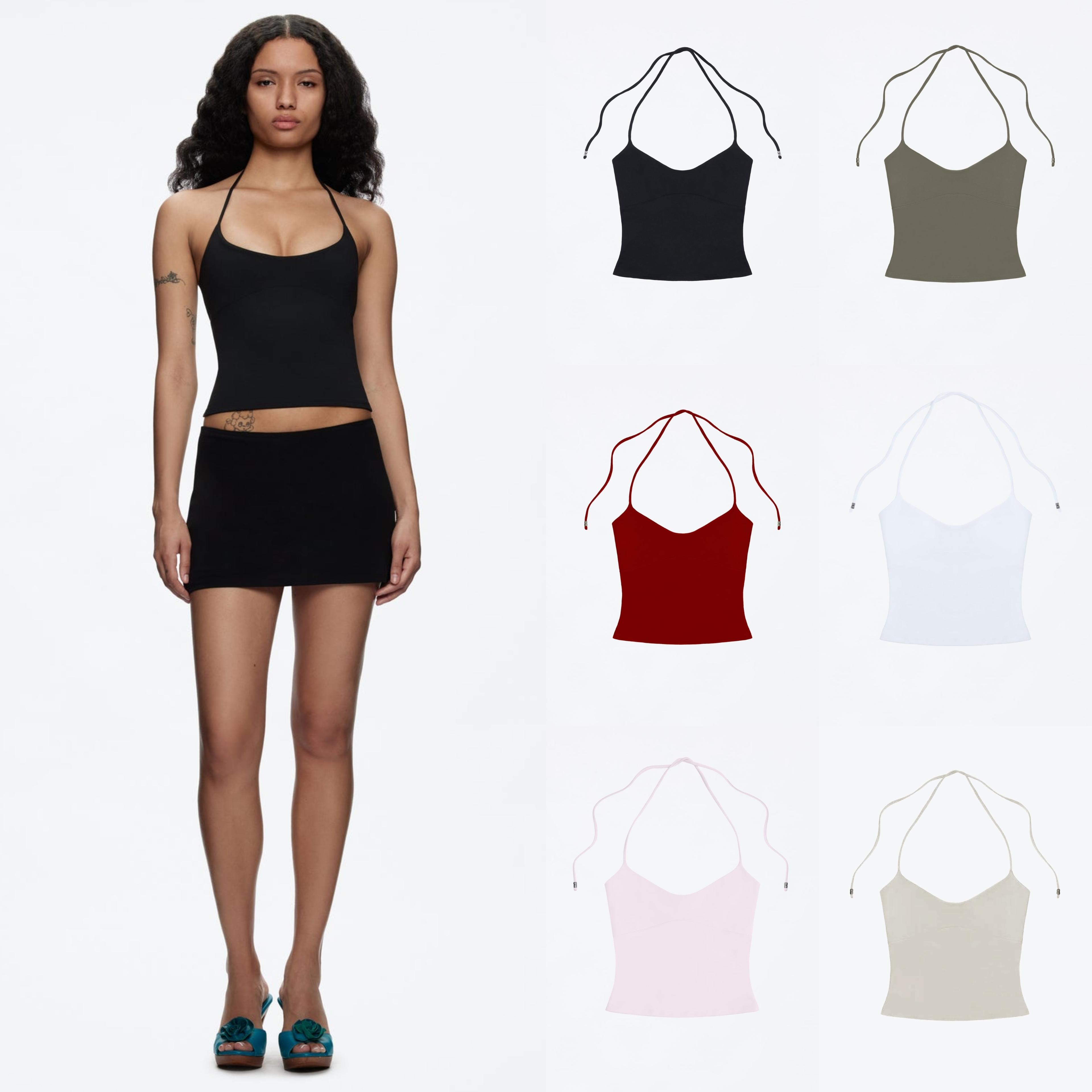 women's tank open-back camisole top with metal accents, self-tie straps, sexy low-neck halter design
