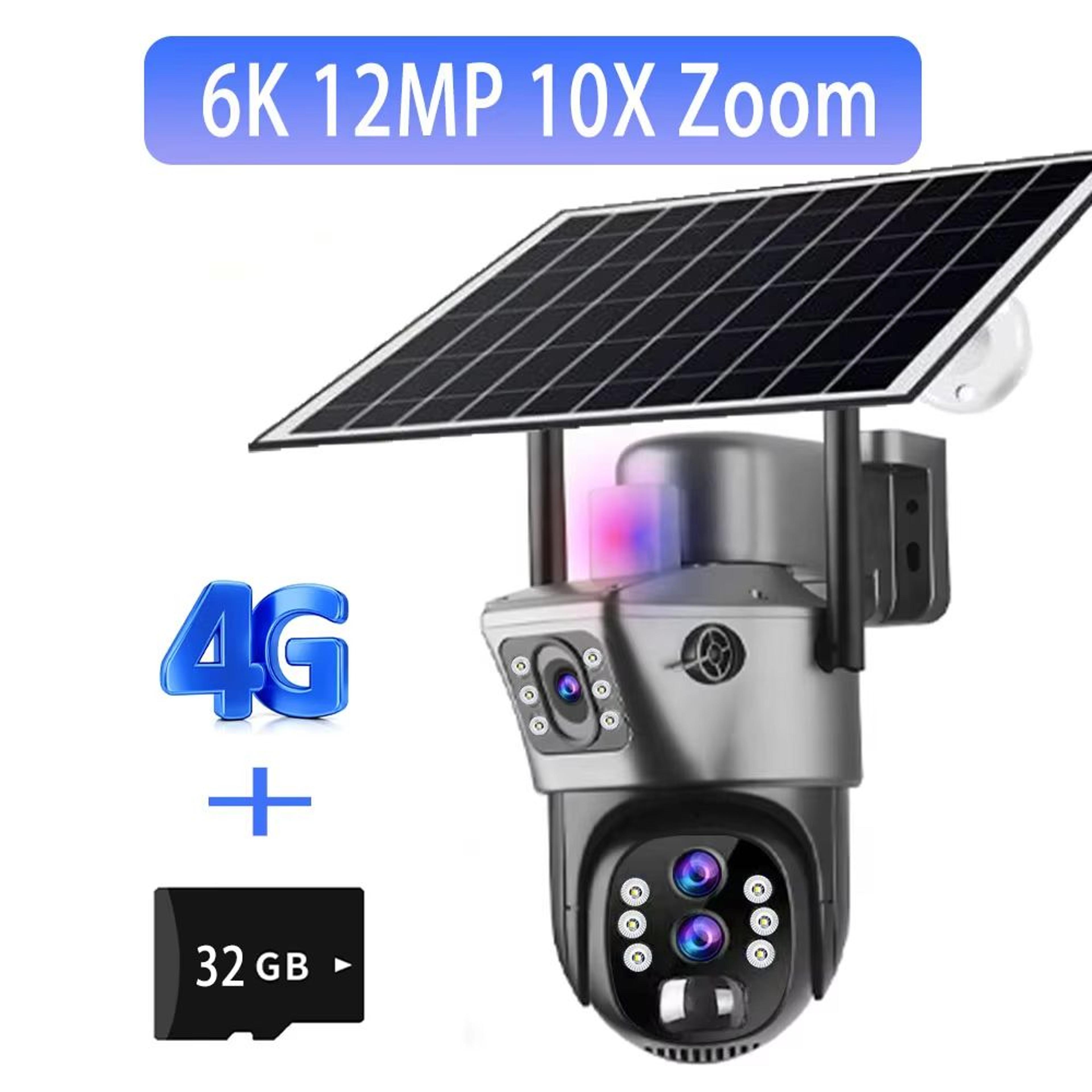 solar outdoor surveillance camera 4g sim 6k 12mp three lens 10 digital zoom wireless cctv ptz ip66 security solar panel