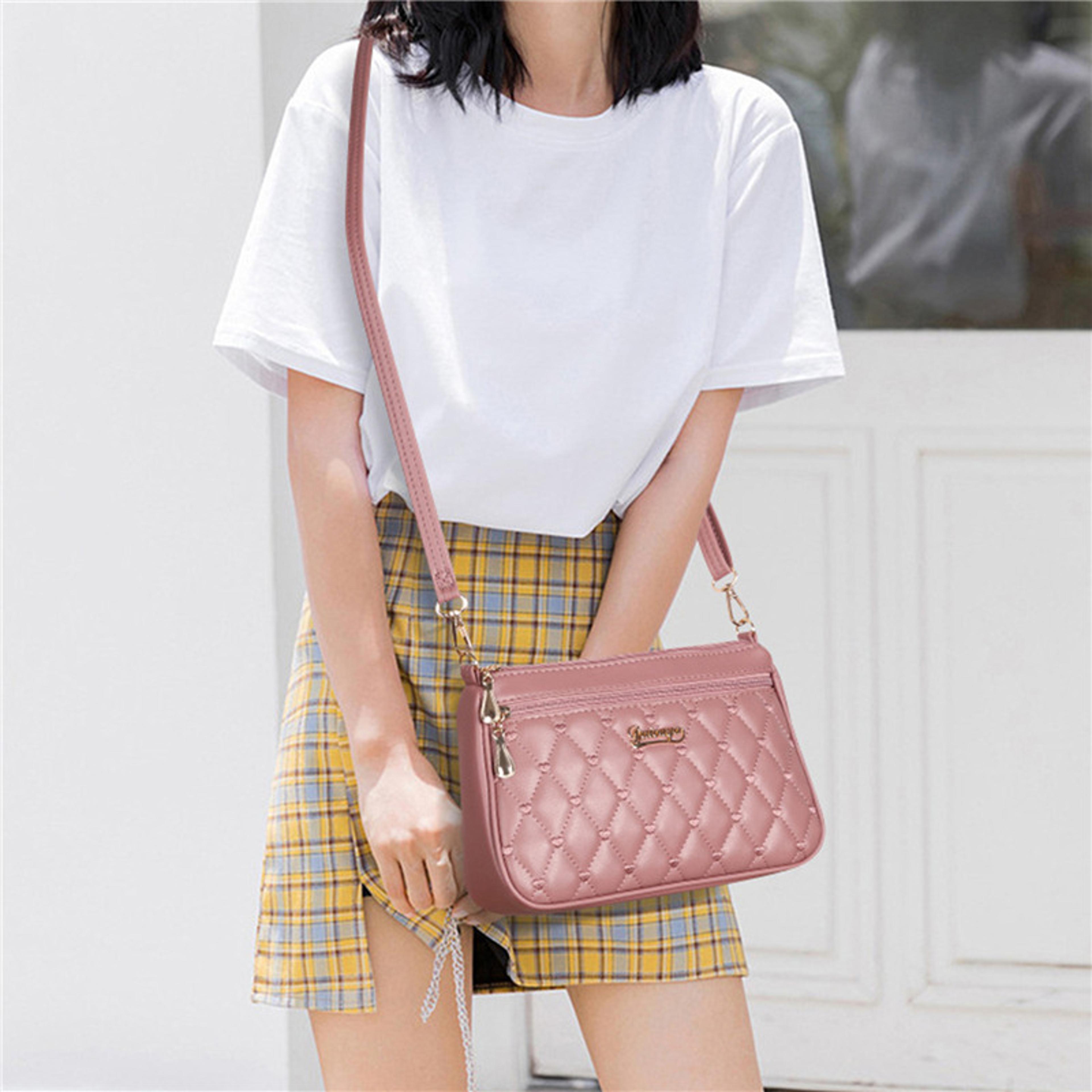 pu leather crossbody bag, quilted heart embroidery, large capacity zipper shoulder purse for women