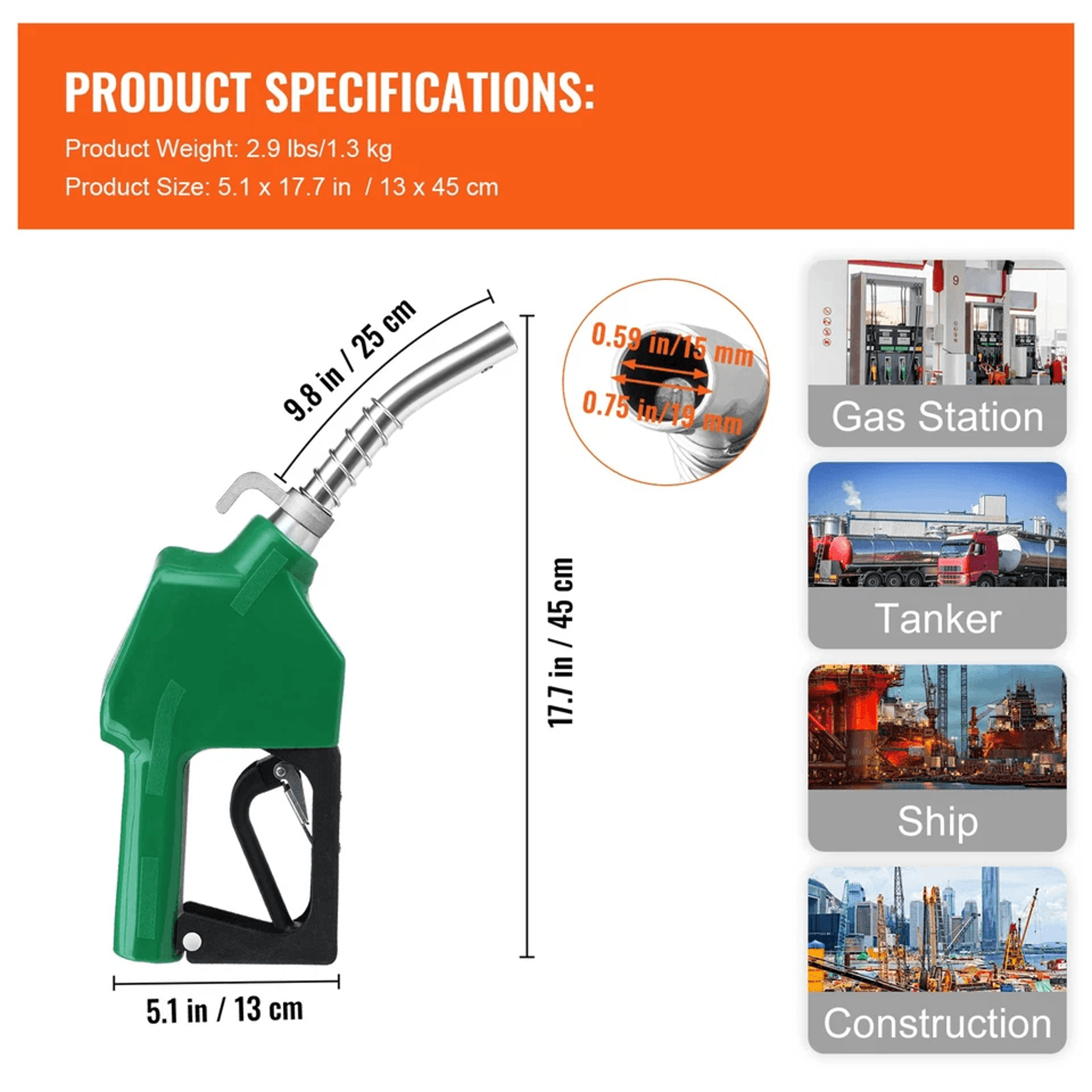 Automatic Fuel Nozzle Shut Off NPT Fuel Refilling Nozzle Spout High Flow Diesel Pump 6