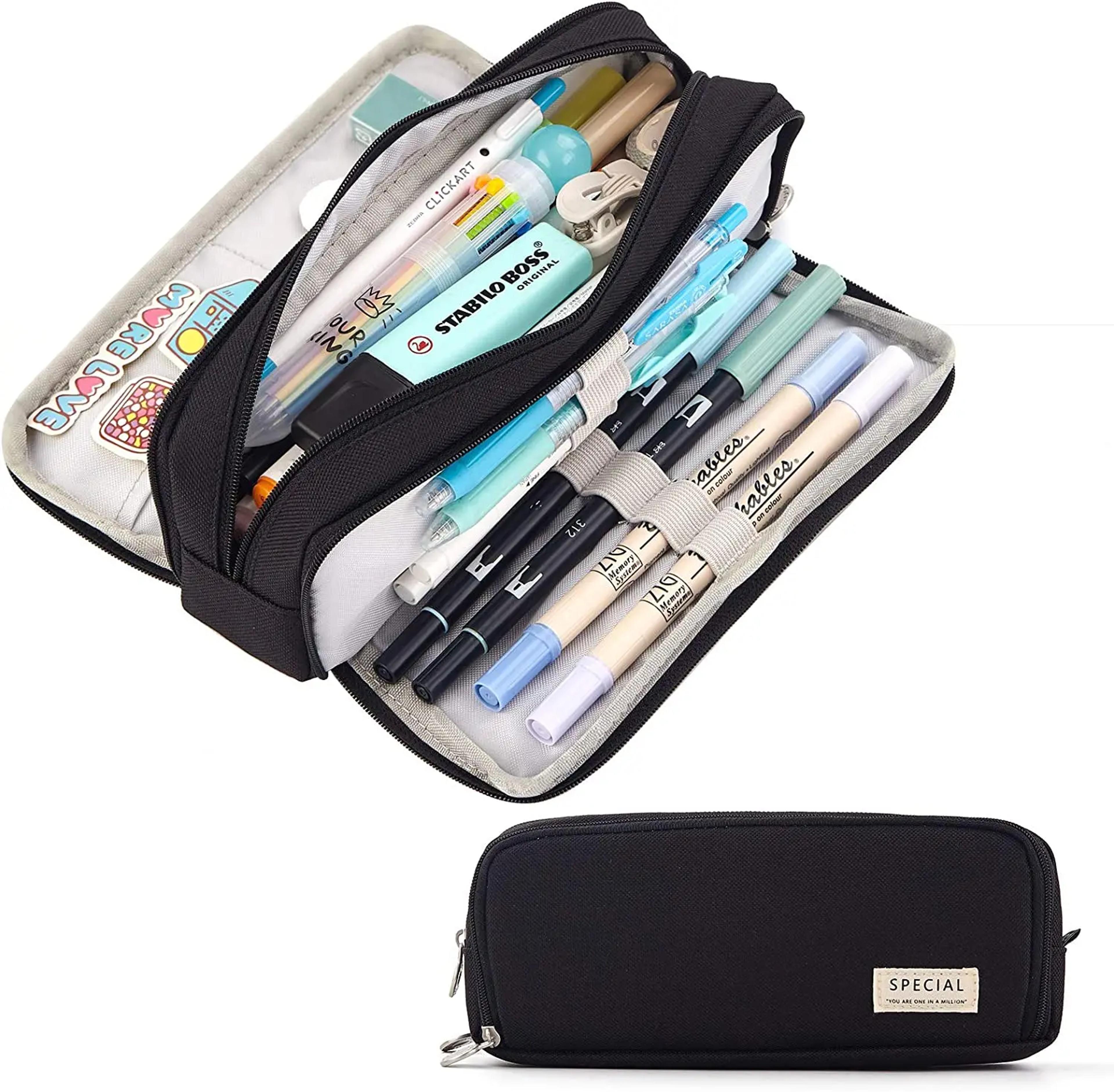 large pencil case storage organizer, 3 compartment student pouch, double side opened school supplies gift
