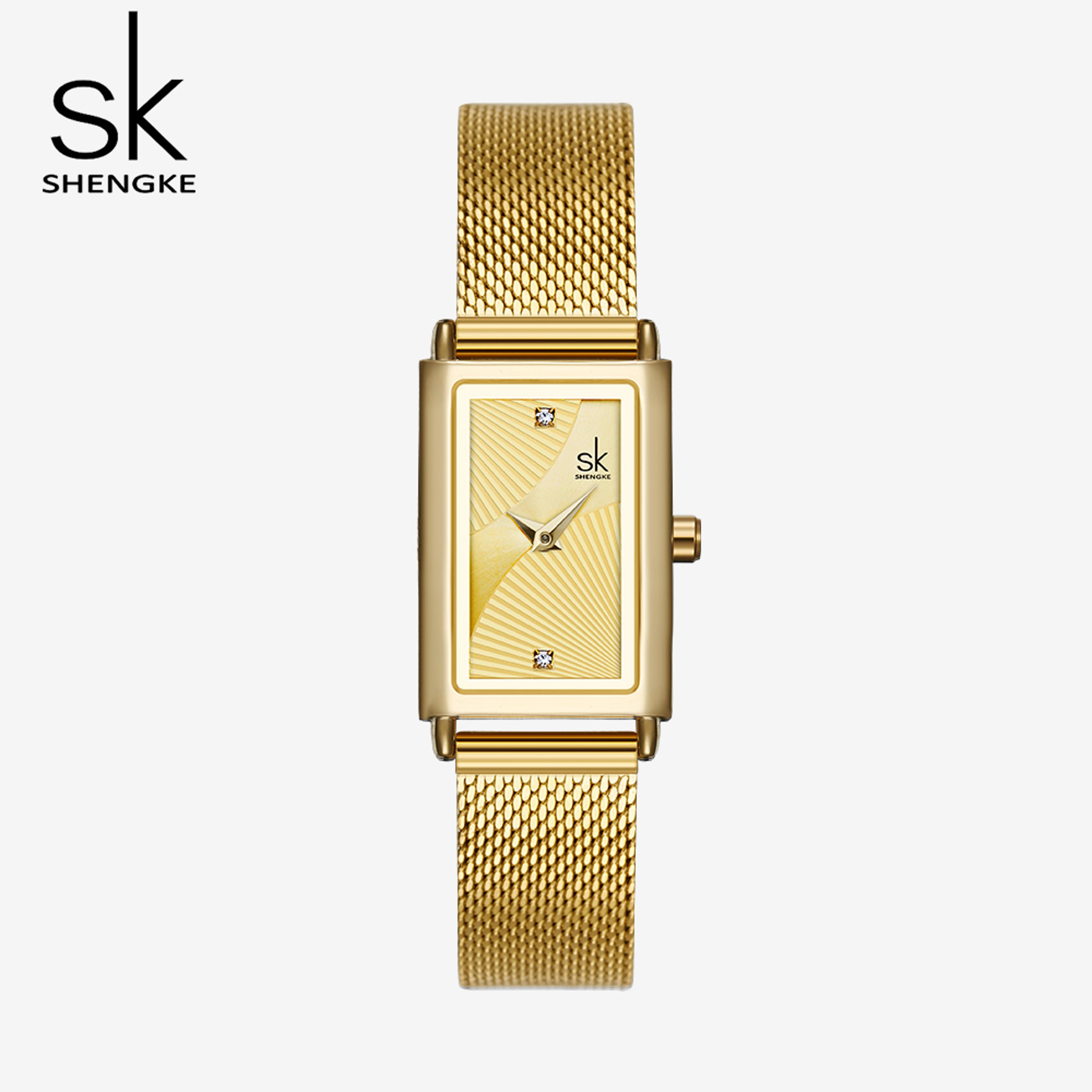 delicate rectangle dial gold slim watch for women, mesh strap waterproof quartz women's elegant timepiece